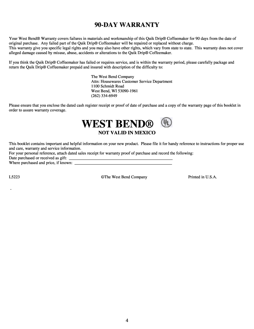 West Bend 56600 instruction manual Daywarranty, Not Valid In Mexico, West Bend 