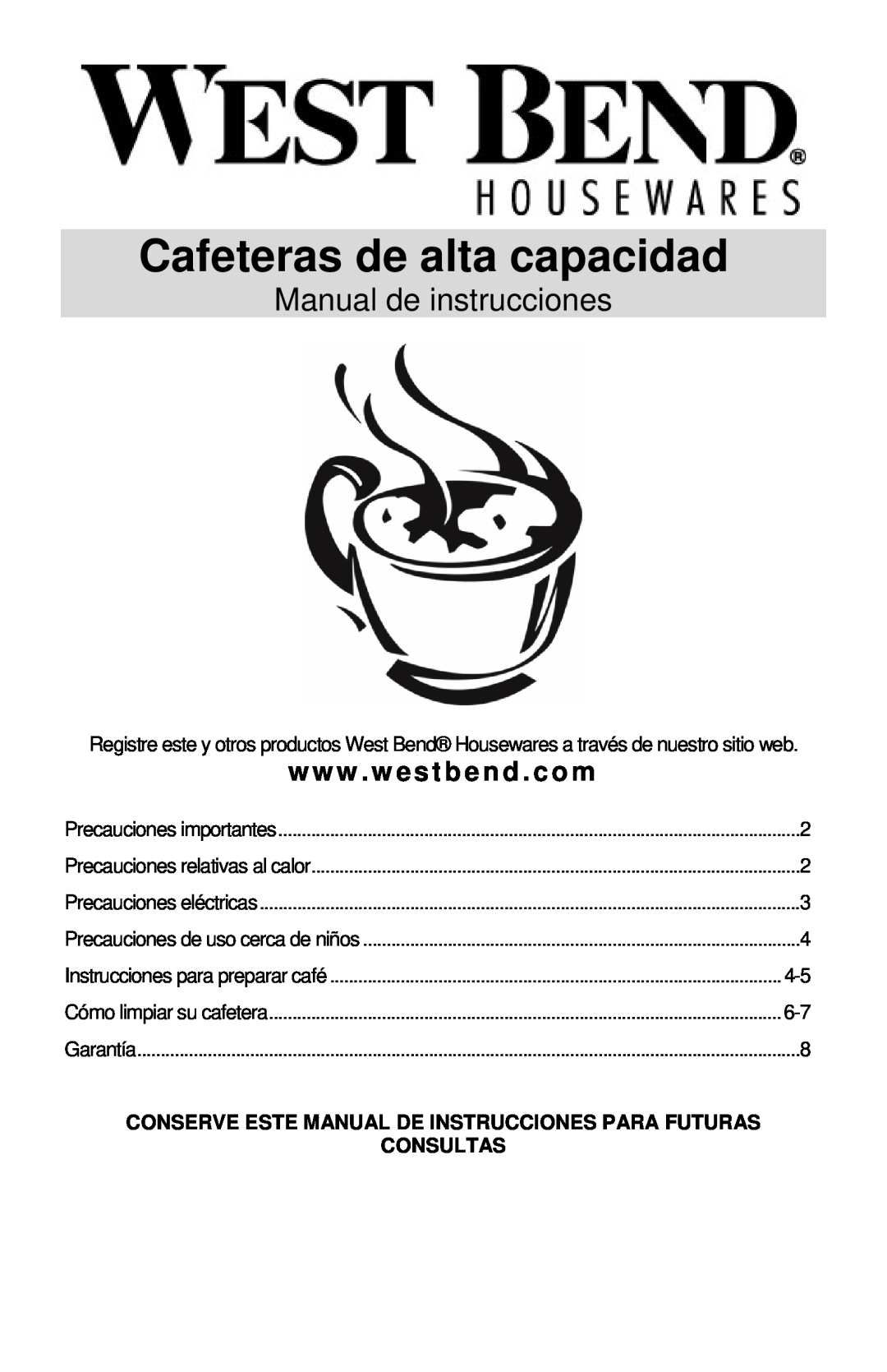 West Bend 59055 Cafeteras de alta capacidad, Manual de instrucciones, w w w . w estbend . com, Precauciones importantes 