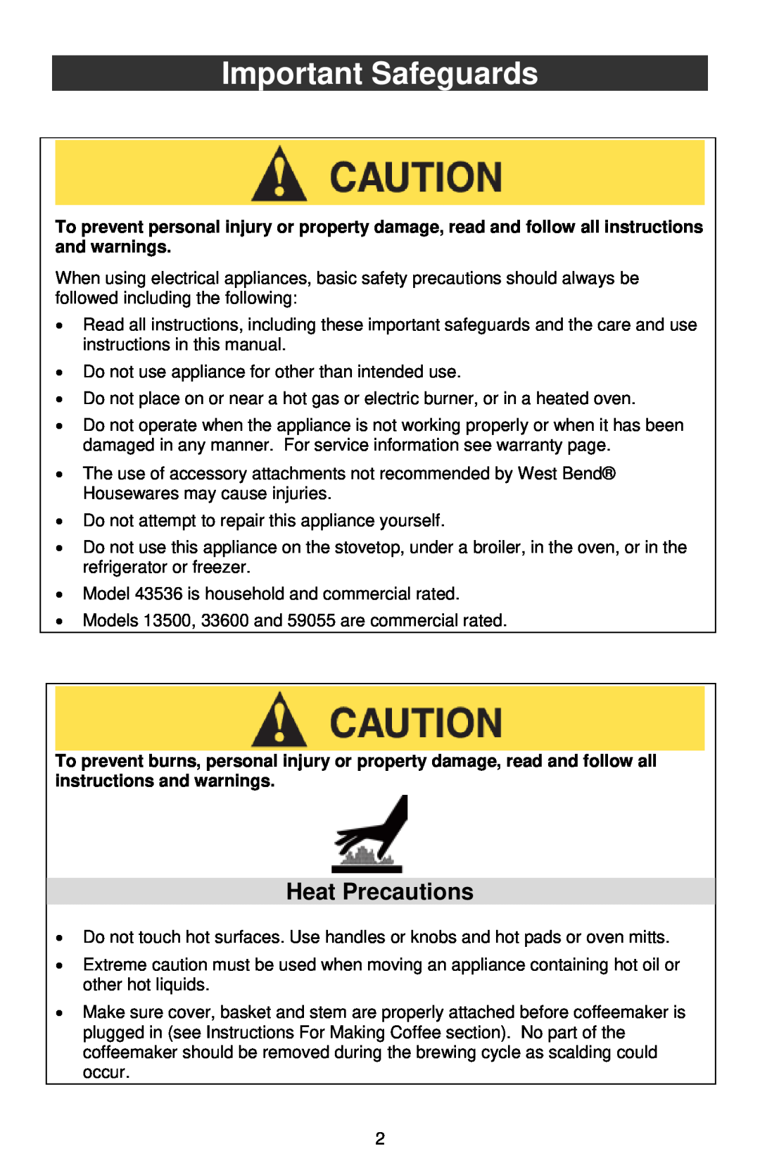 West Bend 59055 instruction manual Important Safeguards, Heat Precautions 