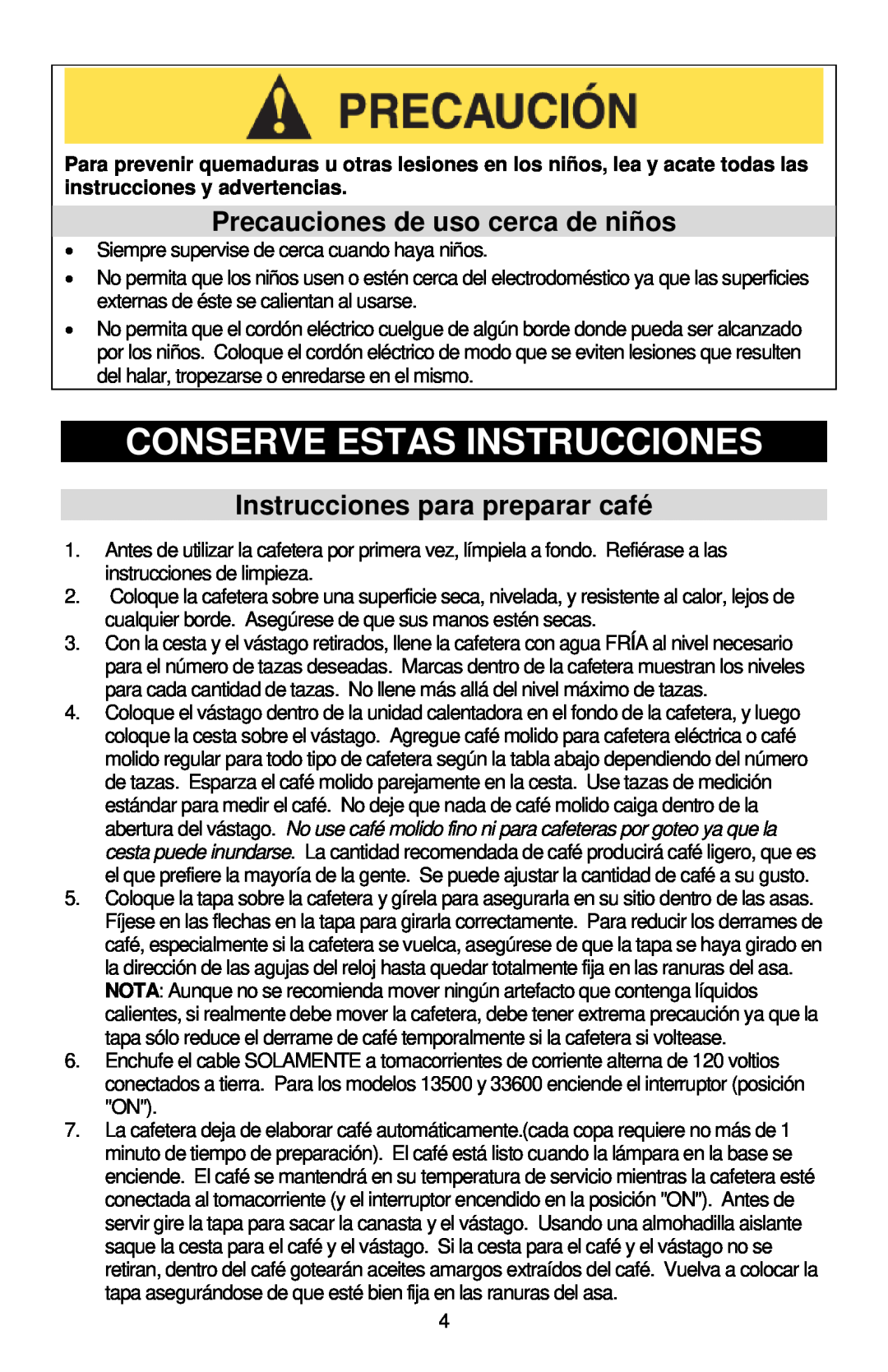 West Bend 59055 Conserve Estas Instrucciones, Precauciones de uso cerca de niños, Instrucciones para preparar café 