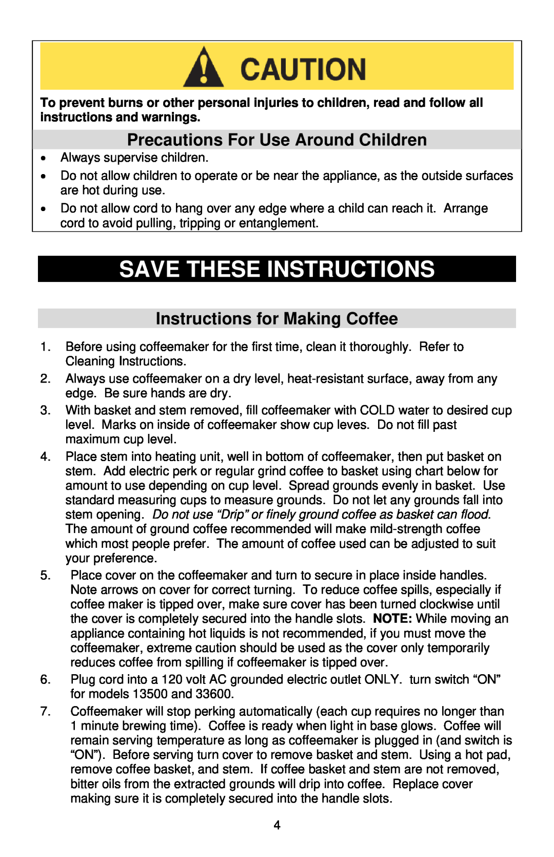 West Bend 59055 Save These Instructions, Precautions For Use Around Children, Instructions for Making Coffee 