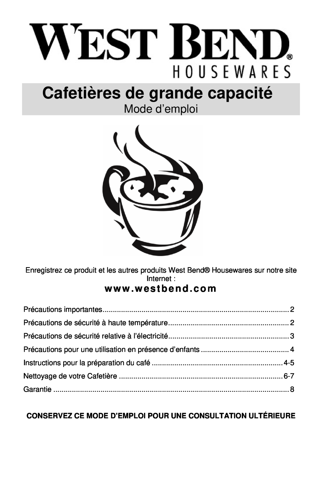 West Bend 59055 instruction manual Cafetières de grande capacité, Mode d’emploi, w w w . w estbend . com 