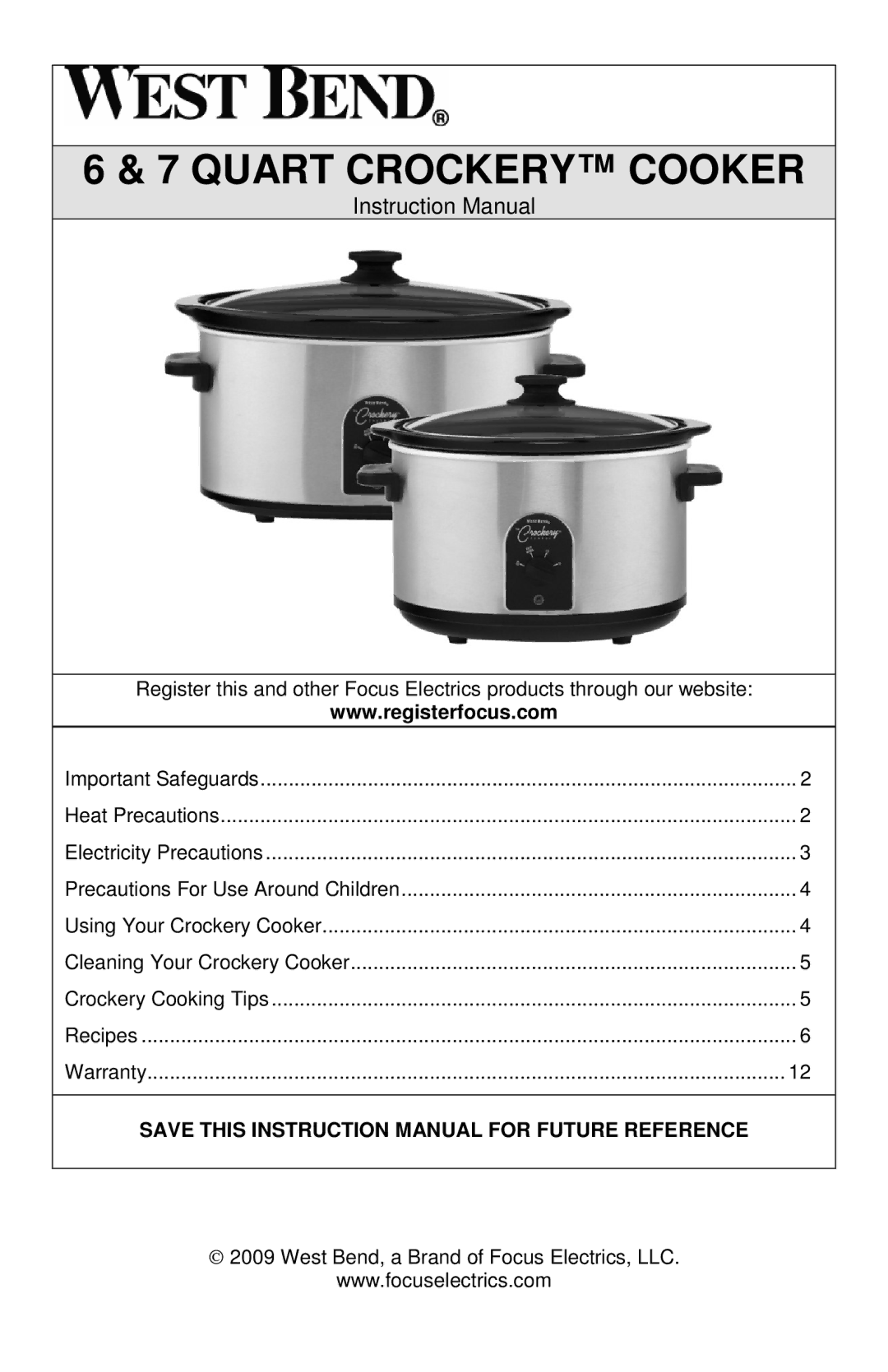 West Bend 7, 6 instruction manual Quart Crockery Cooker 