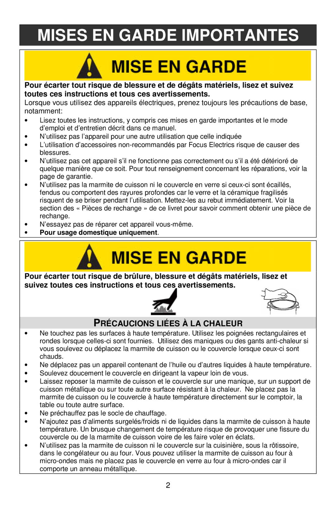 West Bend 6, 7 instruction manual Précaucions Liées À LA Chaleur, Pour usage domestique uniquement 