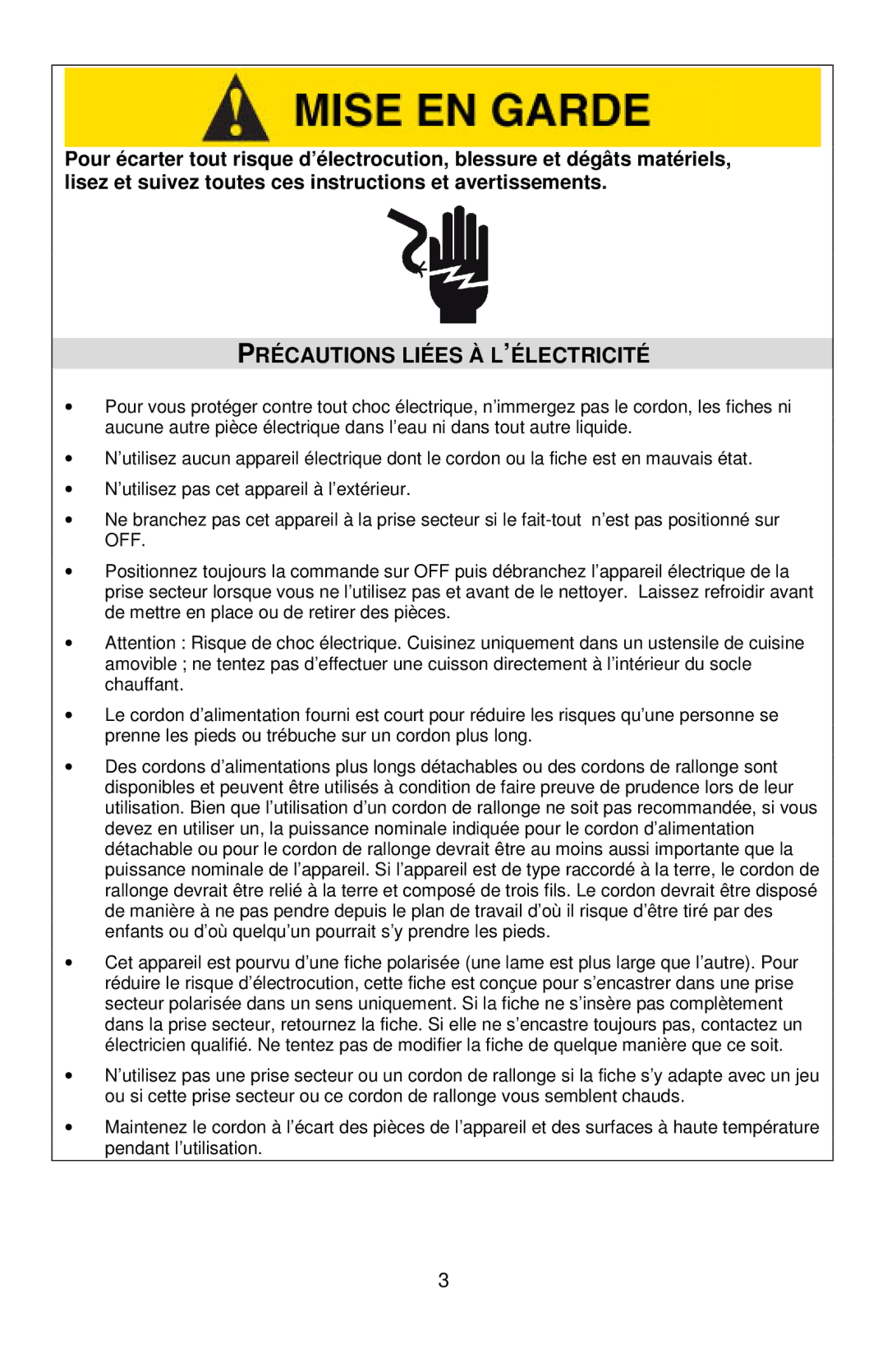 West Bend 7, 6 instruction manual Précautions Liées À L’ÉLECTRICITÉ 