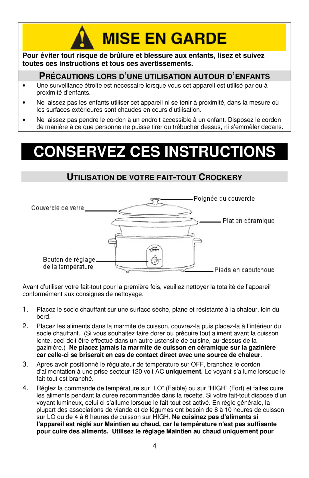 West Bend 6, 7 Précautions Lors D’UNE Utilisation Autour D’ENFANTS, Utilisation DE Votre FAIT-TOUT Crockery 