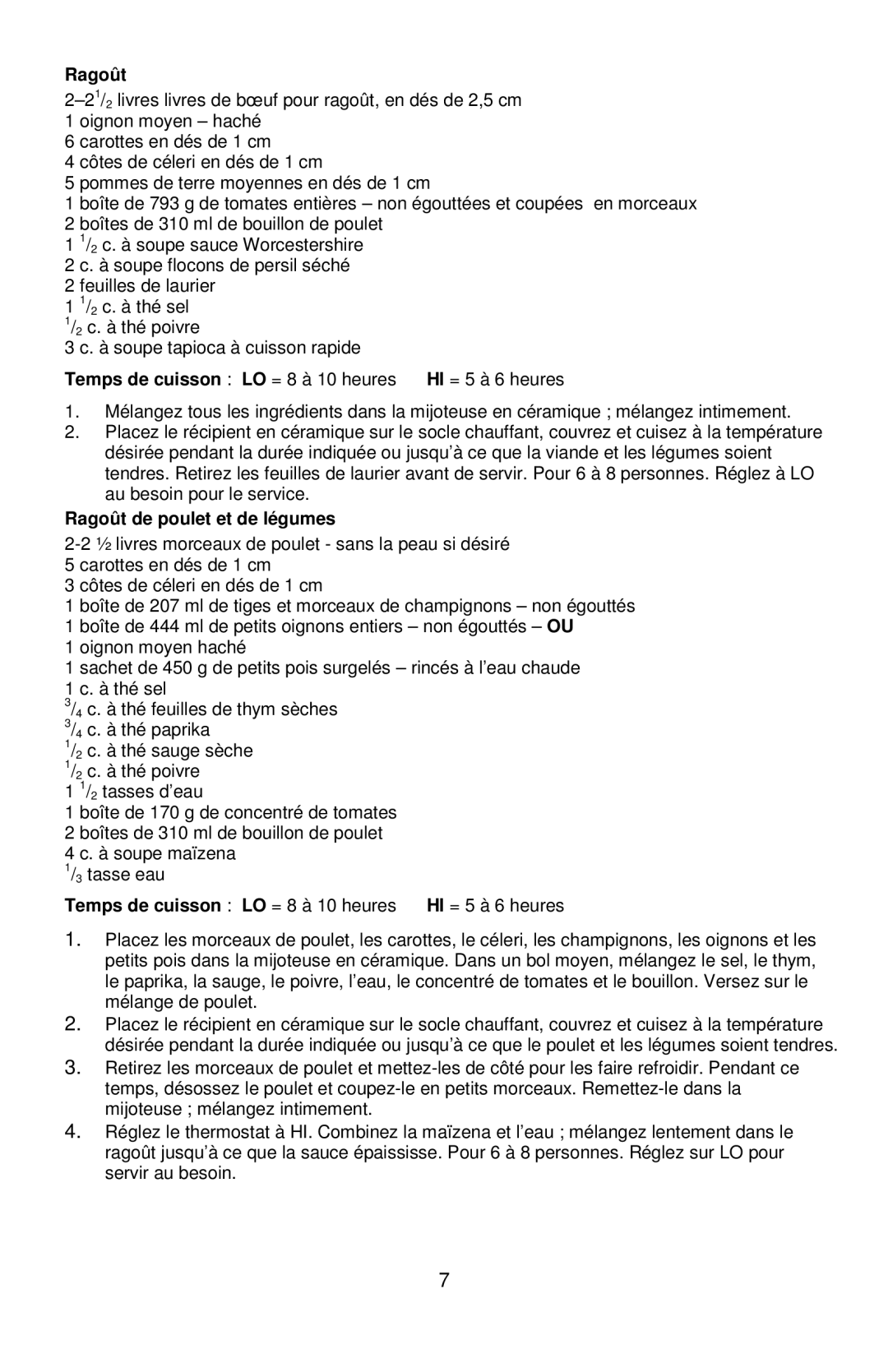 West Bend 7, 6 instruction manual Ragoût de poulet et de légumes 