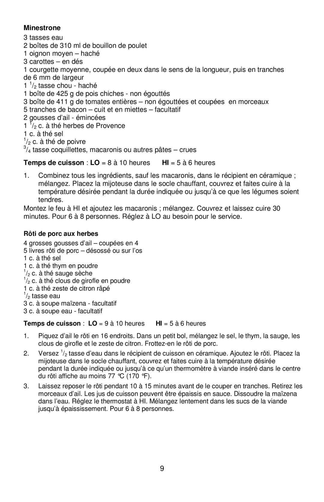 West Bend 7, 6 instruction manual Minestrone, Rôti de porc aux herbes 