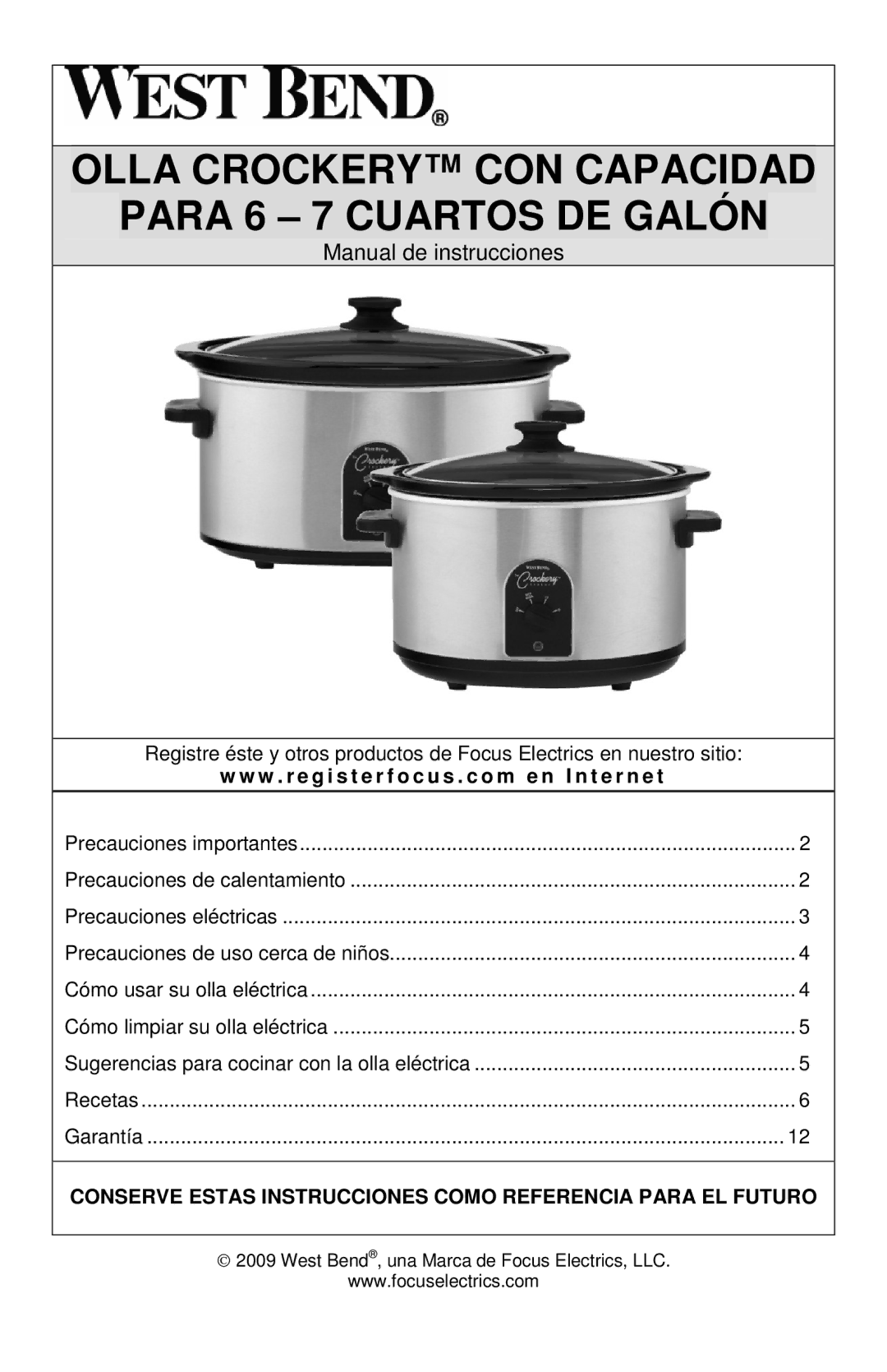 West Bend instruction manual Olla Crockery CON Capacidad Para 6 7 Cuartos DE Galón 