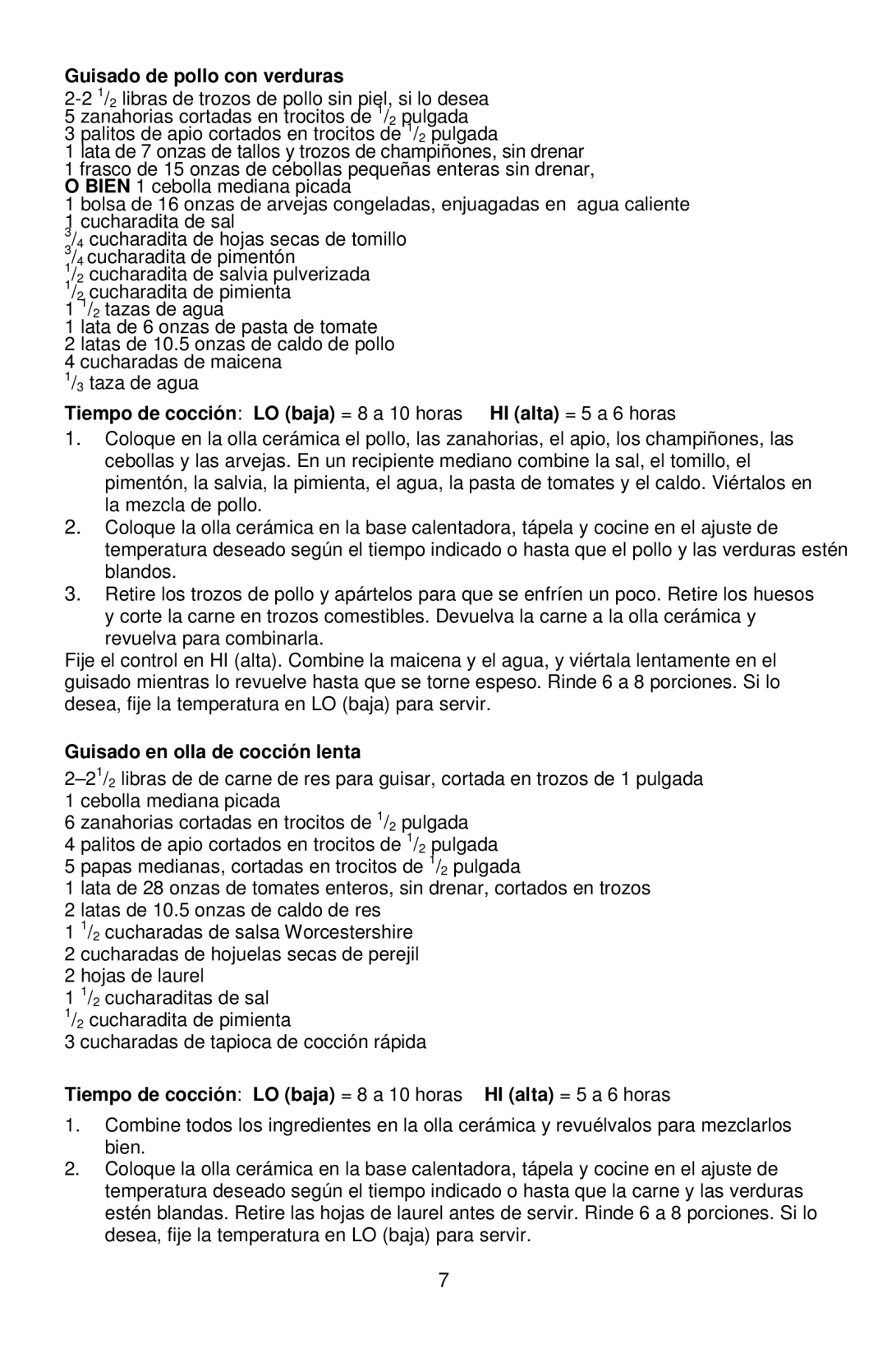 West Bend 7, 6 instruction manual Guisado de pollo con verduras, Guisado en olla de cocción lenta 