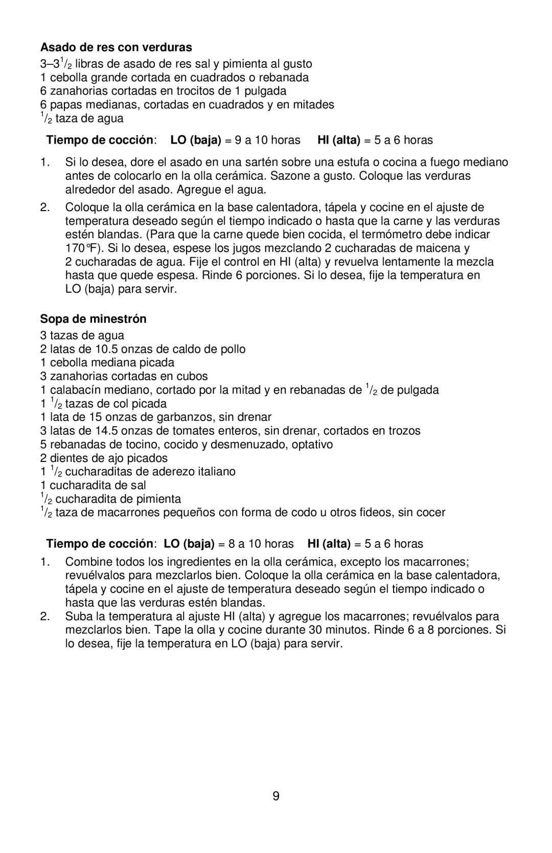 West Bend 7, 6 instruction manual Asado de res con verduras, Sopa de minestrón 