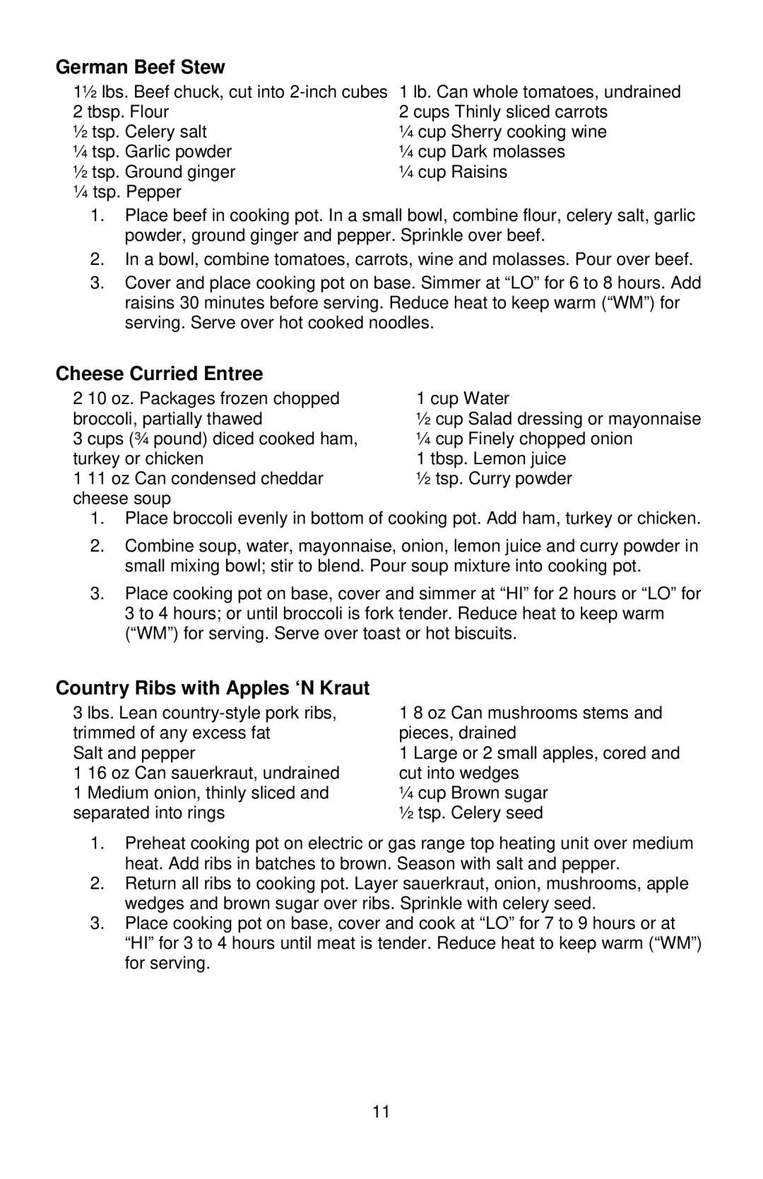 West Bend 6 QT instruction manual German Beef Stew, Cheese Curried Entree, Country Ribs with Apples ‘N Kraut 