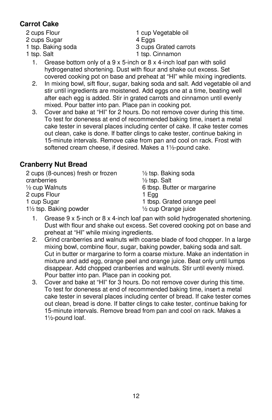 West Bend 6 QT instruction manual Carrot Cake, Cranberry Nut Bread 