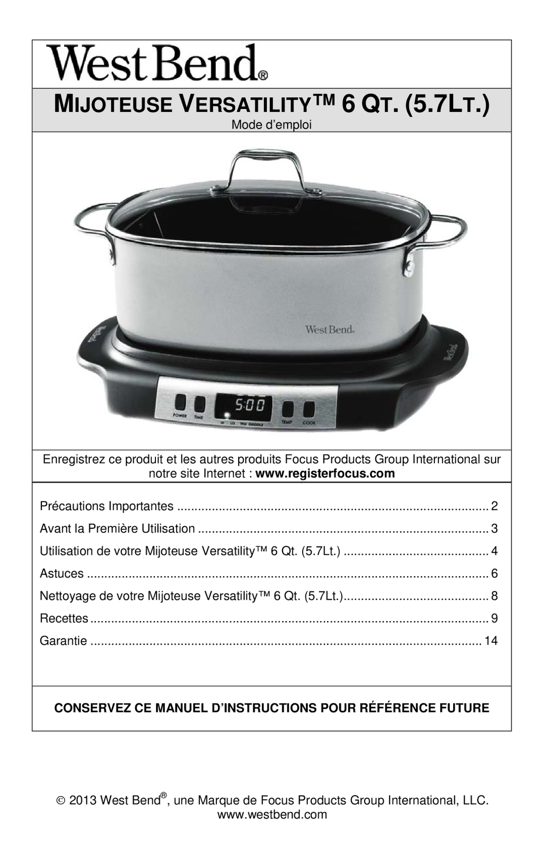 West Bend instruction manual Mijoteuse Versatility 6 QT .7LT 