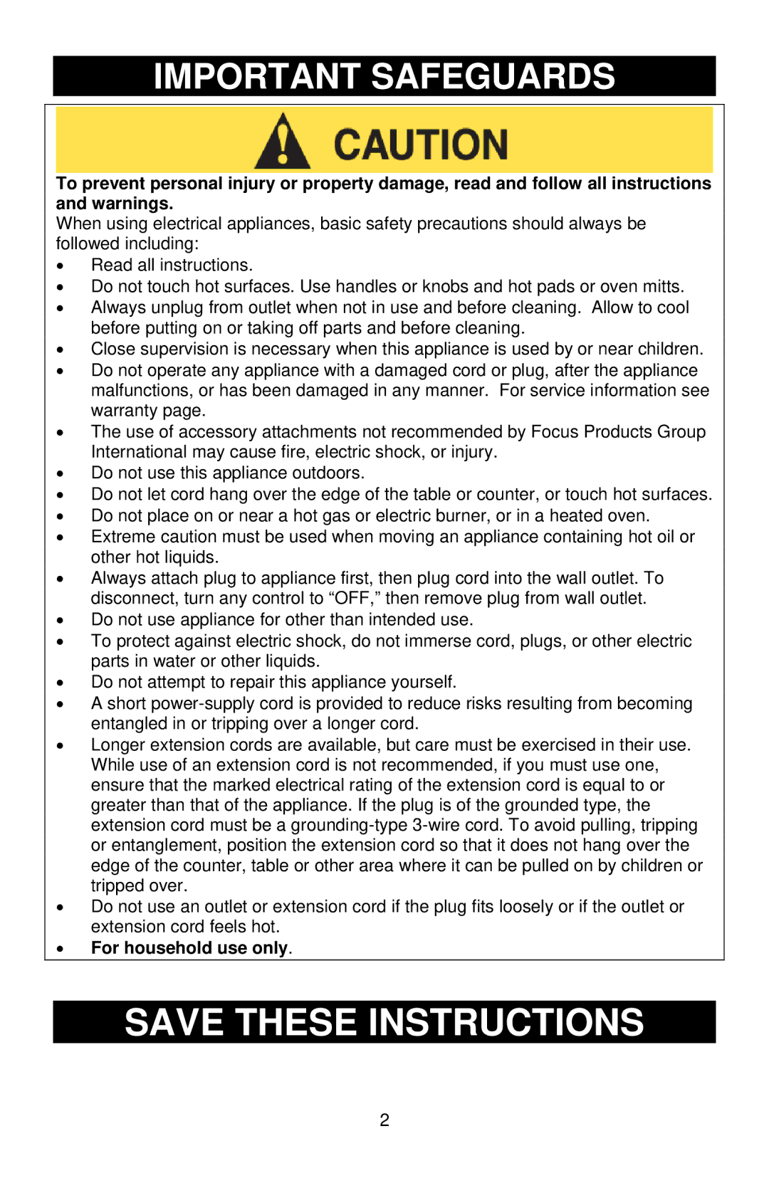 West Bend 6 QT instruction manual Important Safeguards, For household use only 