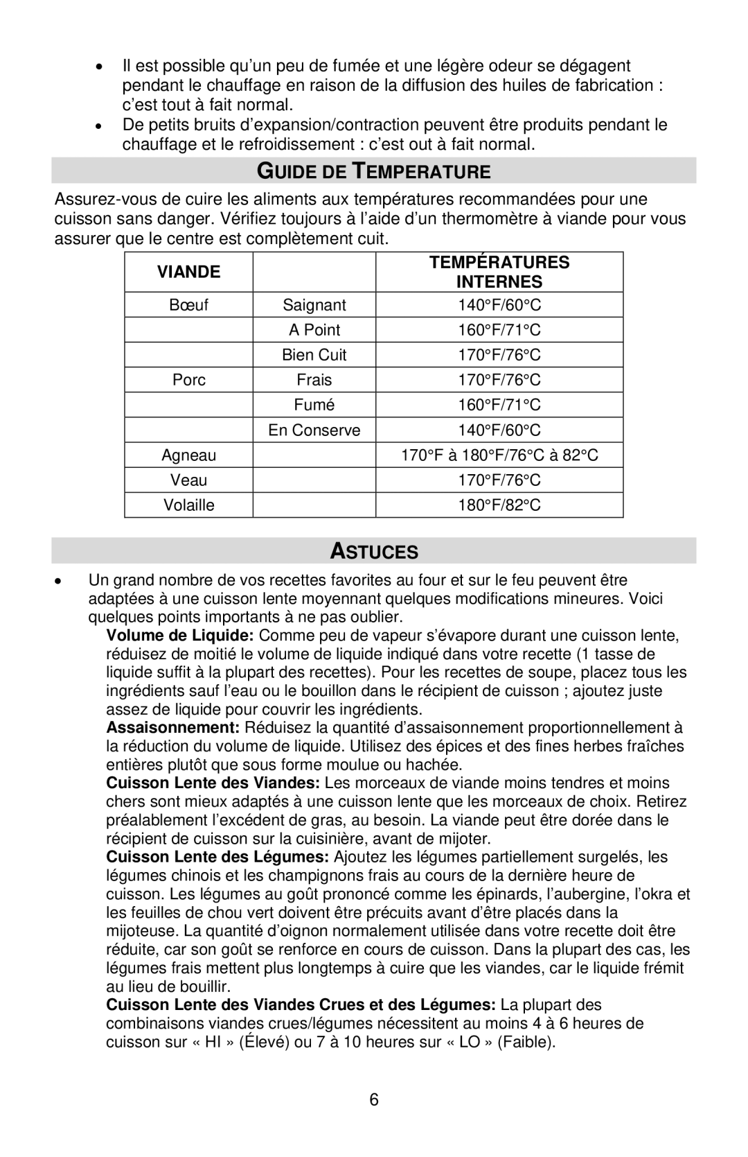 West Bend 6 QT instruction manual Guide DE Temperature, Astuces 