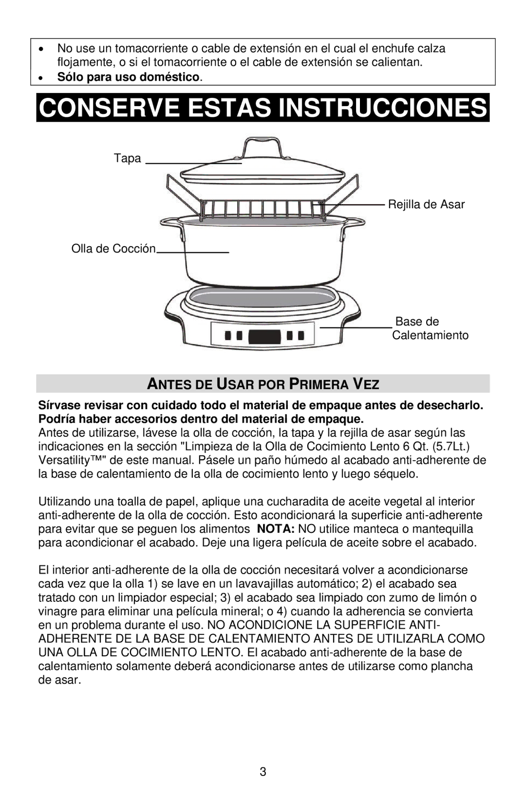 West Bend 6 QT instruction manual Antes DE Usar POR Primera VEZ, Sólo para uso doméstico 