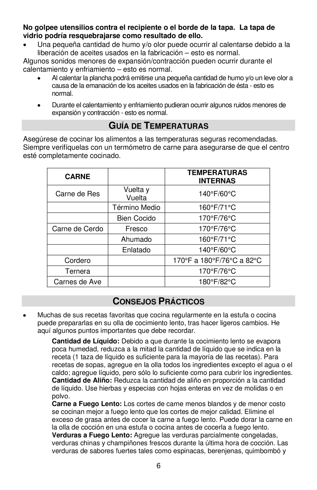 West Bend 6 QT instruction manual Guía DE Temperaturas, Consejos Prácticos 