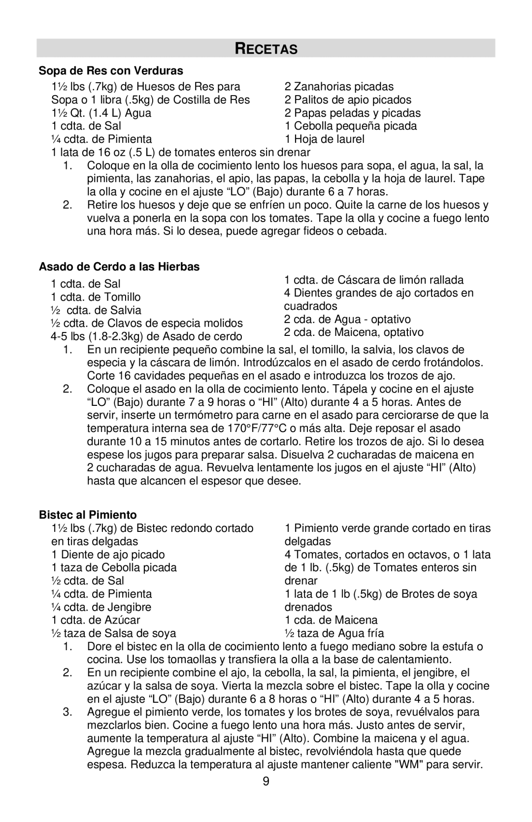 West Bend 6 QT instruction manual Recetas, Sopa de Res con Verduras, Asado de Cerdo a las Hierbas, Bistec al Pimiento 