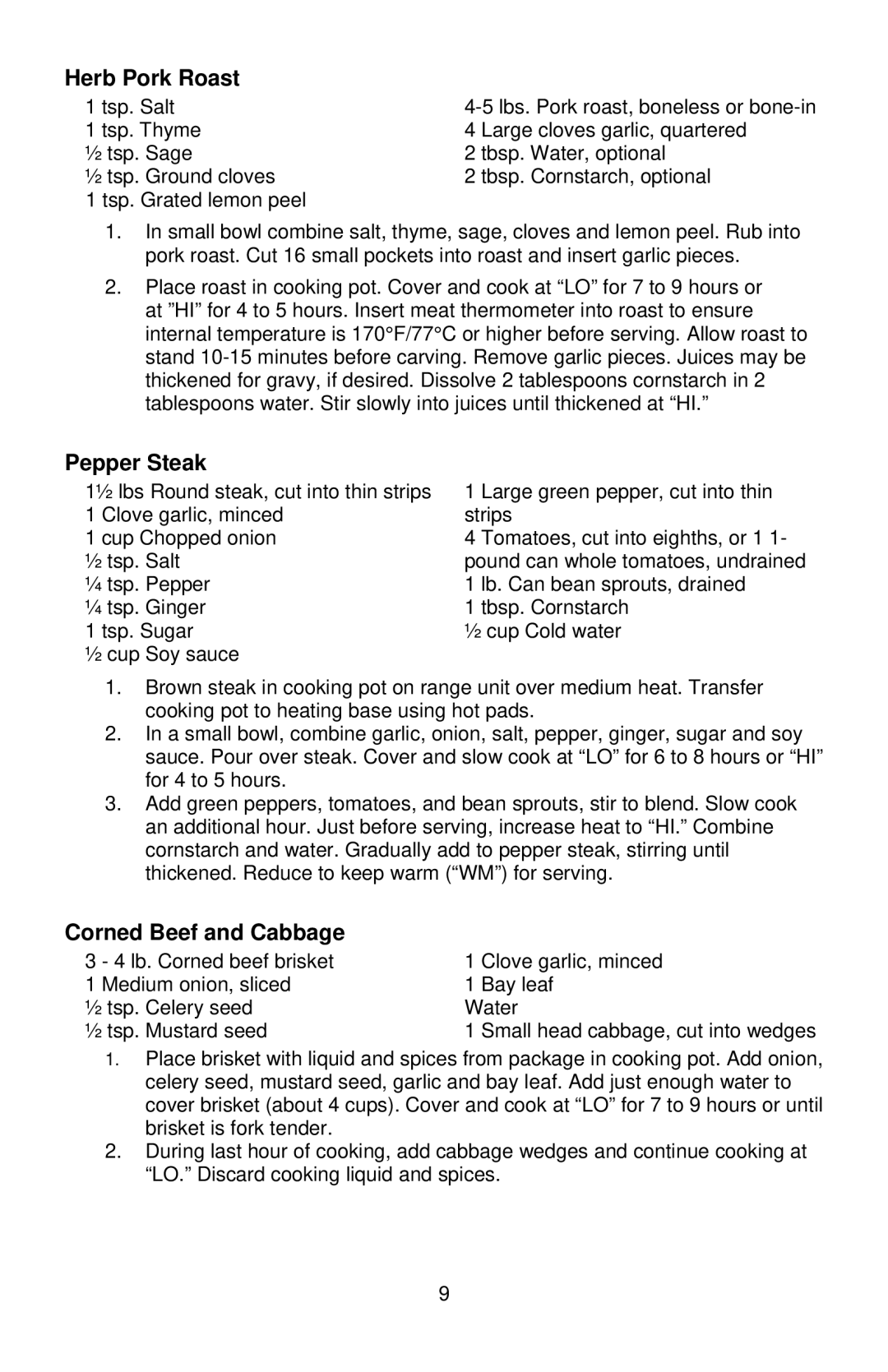 West Bend 6 QT instruction manual Herb Pork Roast, Pepper Steak, Corned Beef and Cabbage 