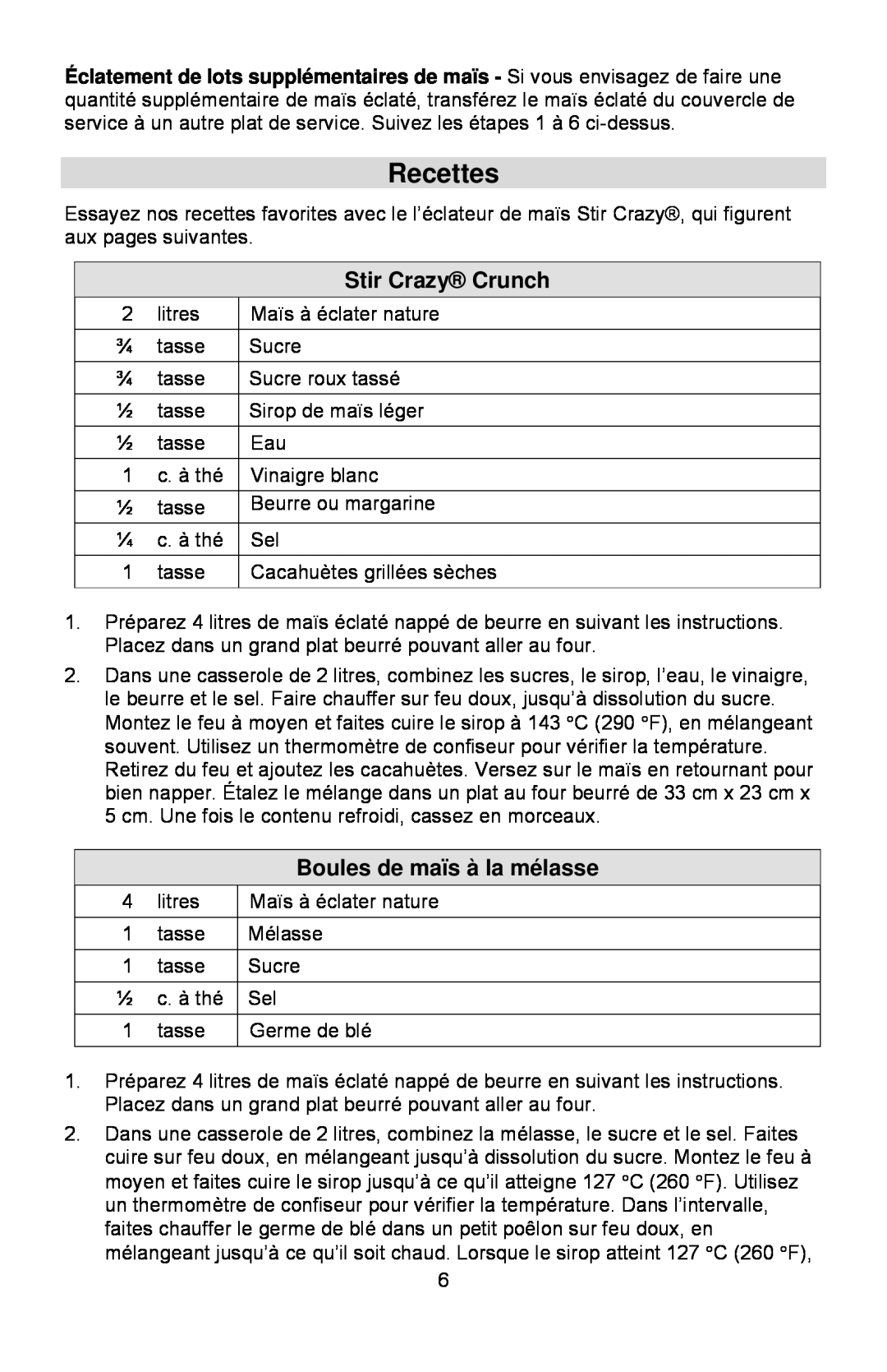 West Bend 6 quart, 8 quart instruction manual Recettes, Boules de maïs à la mélasse, Stir Crazy Crunch 