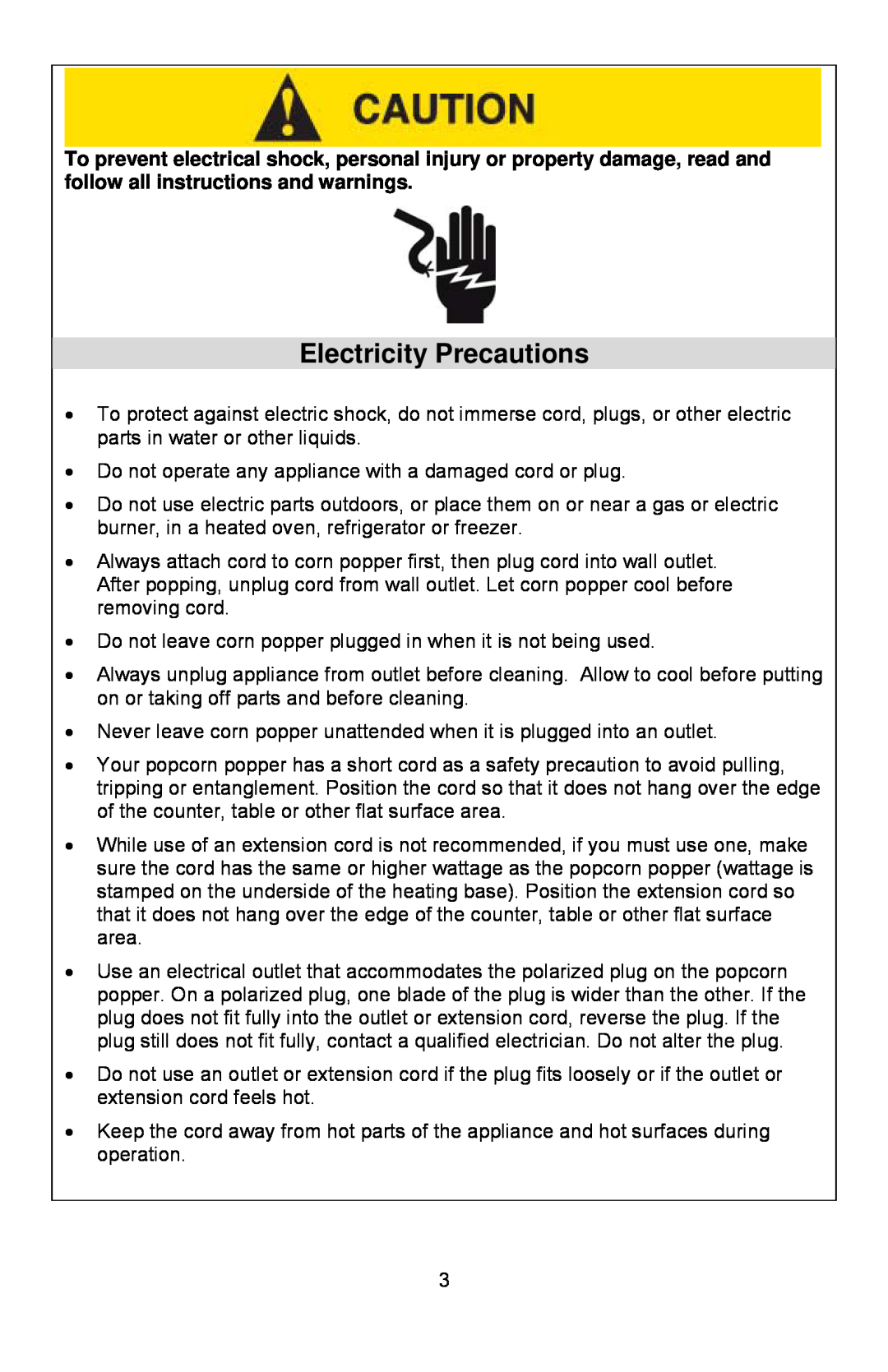 West Bend 8 quart, 6 quart instruction manual Electricity Precautions 