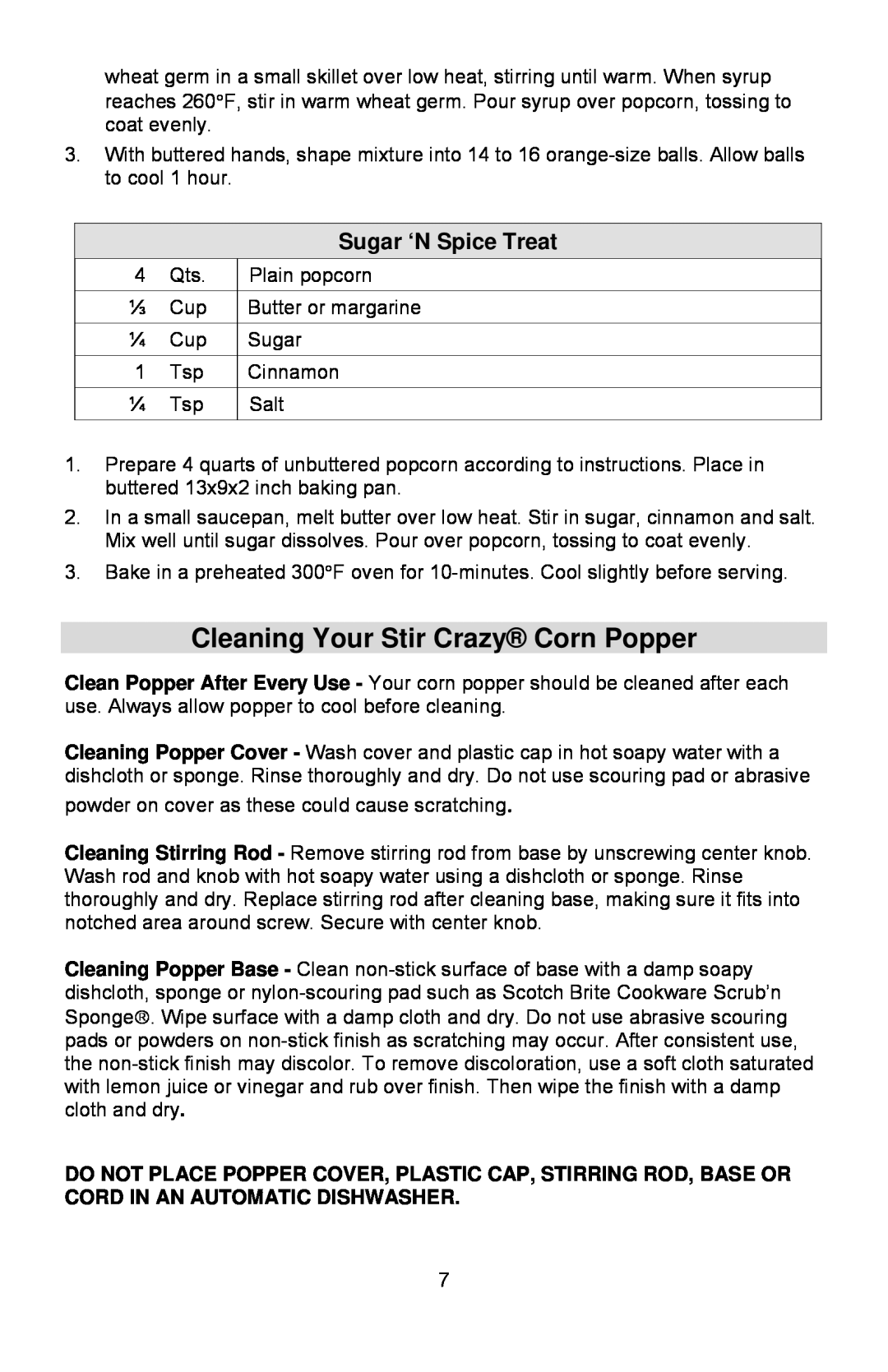 West Bend 8 quart, 6 quart instruction manual Cleaning Your Stir Crazy Corn Popper, Sugar ‘N Spice Treat 