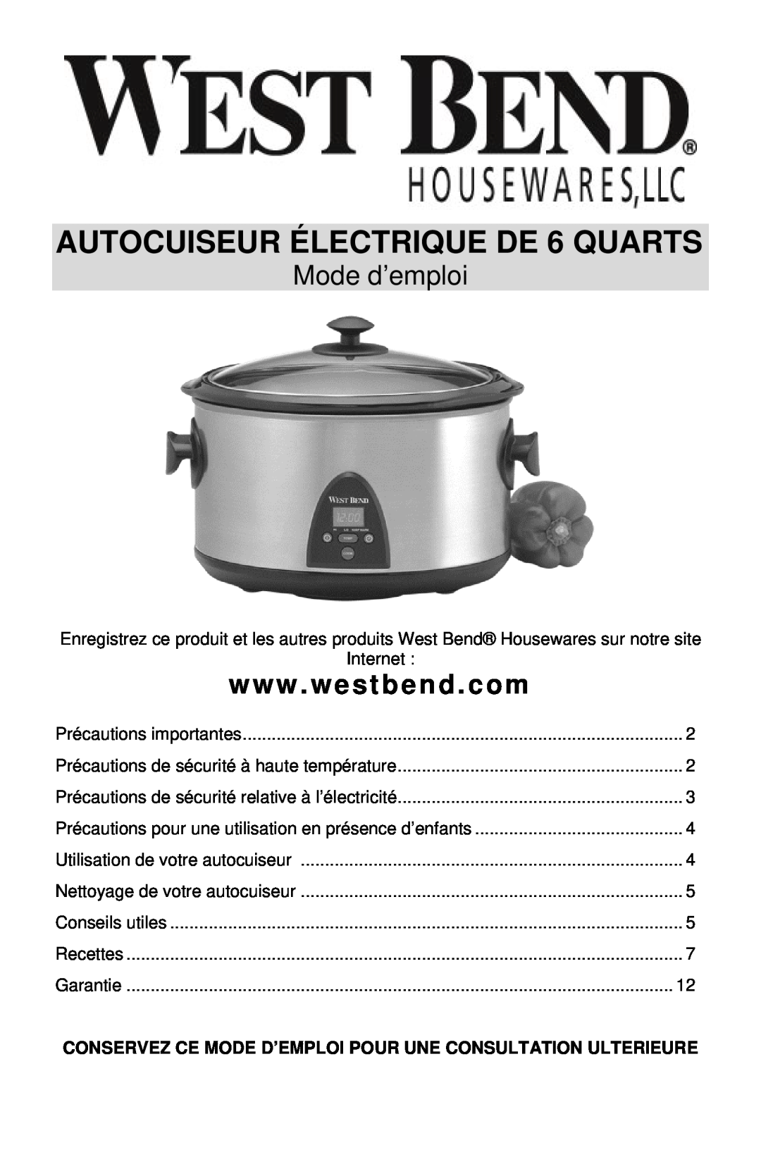 West Bend 6-QUART ELECTRONIC CROCKERYTM COOKER instruction manual AUTOCUISEUR ÉLECTRIQUE DE 6 QUARTS, Mode d’emploi 