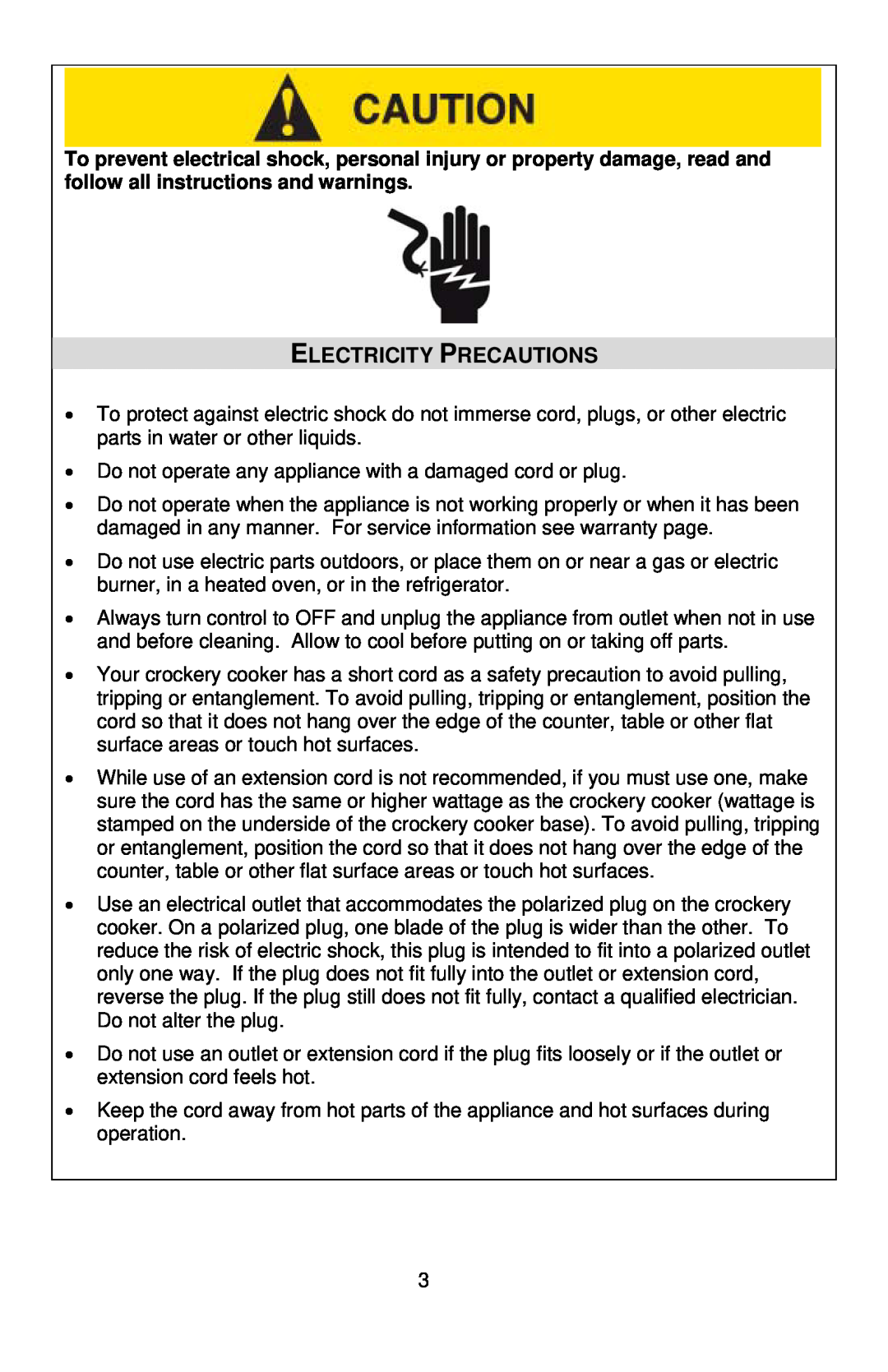 West Bend 6-QUART ELECTRONIC CROCKERYTM COOKER instruction manual Electricity Precautions 