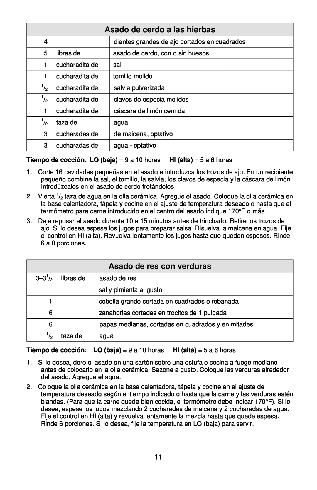 West Bend 6-QUART ELECTRONIC CROCKERYTM COOKER instruction manual Asado de cerdo a las hierbas, Asado de res con verduras 