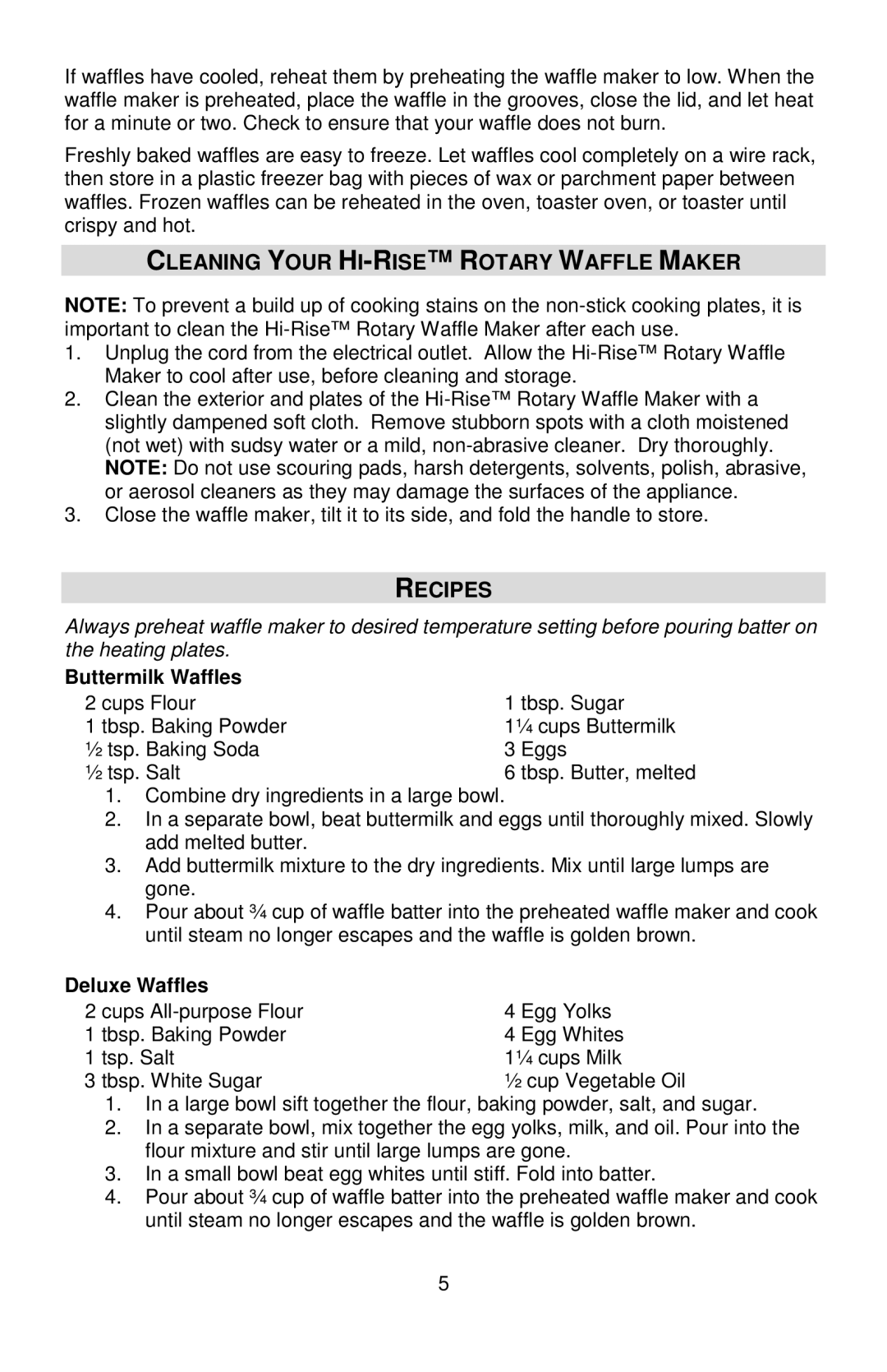 West Bend L5790A, 6200 Cleaning Your HI-RISE Rotary Waffle Maker, Recipes, Buttermilk Waffles, Deluxe Waffles 