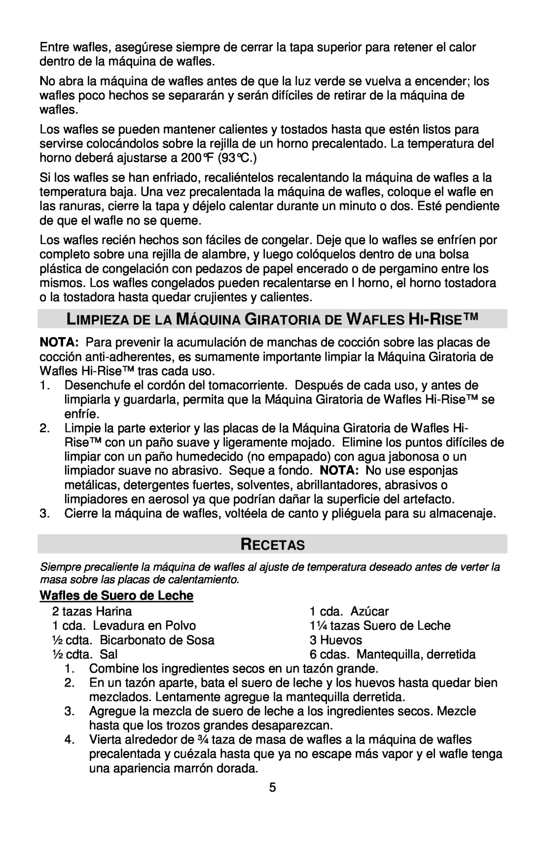 West Bend 6200, L5790A instruction manual Recetas, Wafles de Suero de Leche 