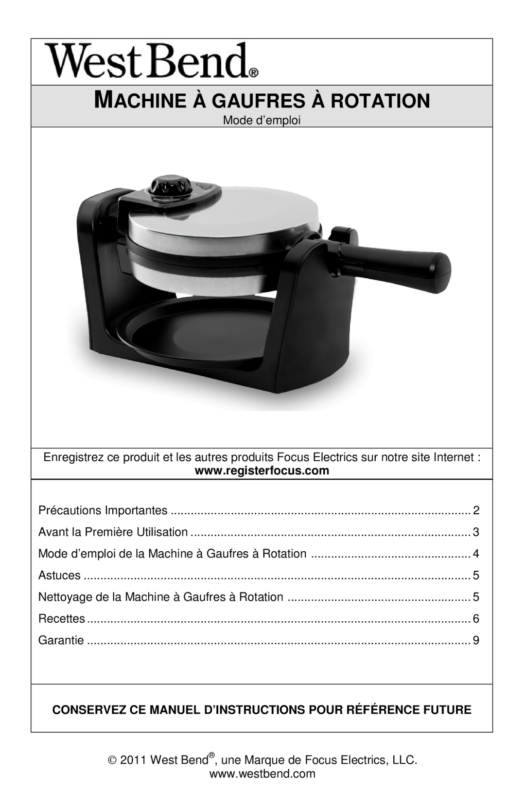 West Bend 6201 instruction manual Machine À Gaufres À Rotation 