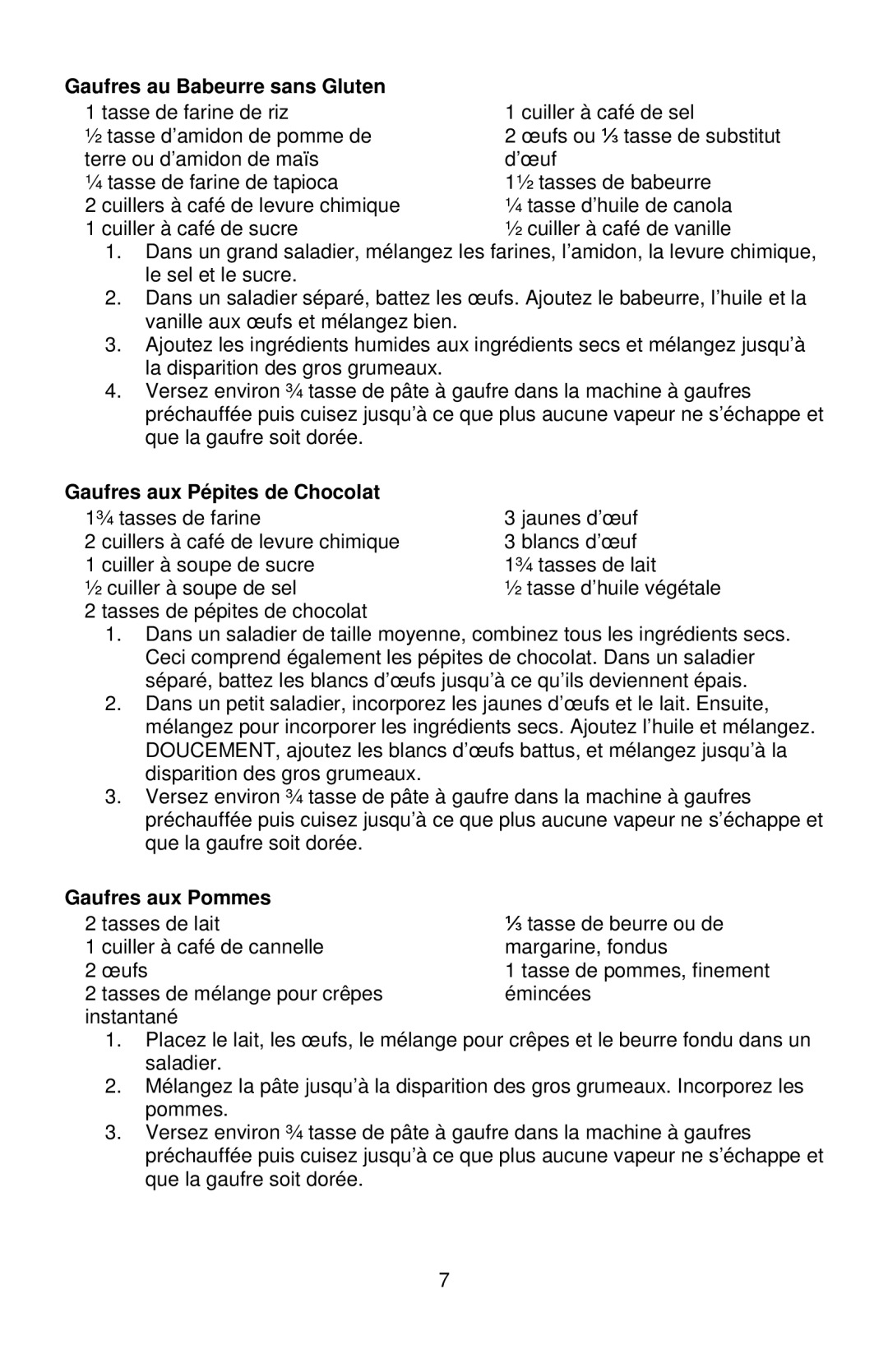 West Bend 6201 instruction manual Gaufres au Babeurre sans Gluten, Gaufres aux Pépites de Chocolat, Gaufres aux Pommes 