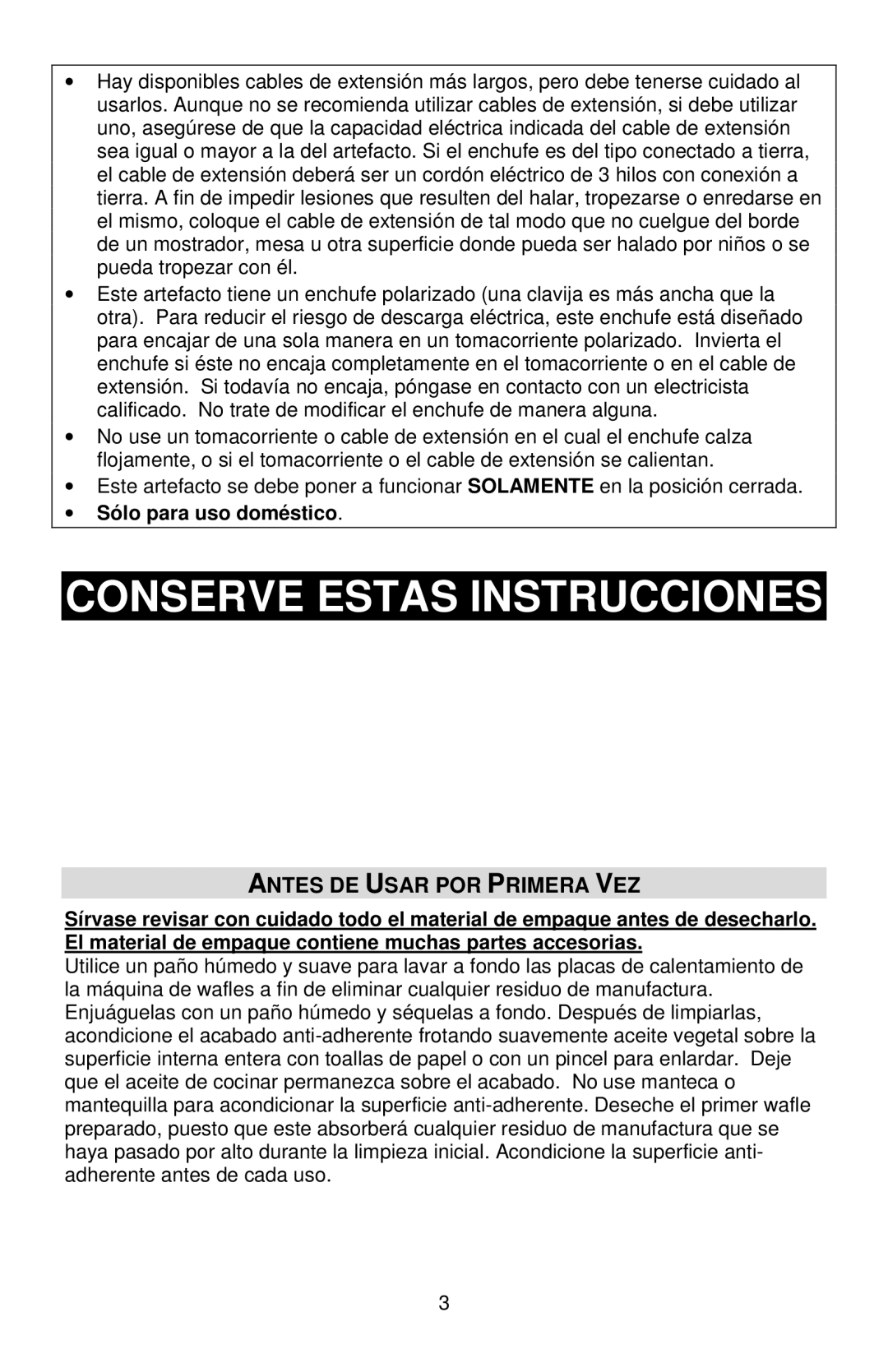 West Bend 6201 instruction manual Conserve Estas Instrucciones, Antes DE Usar POR Primera VEZ, Sólo para uso doméstico 