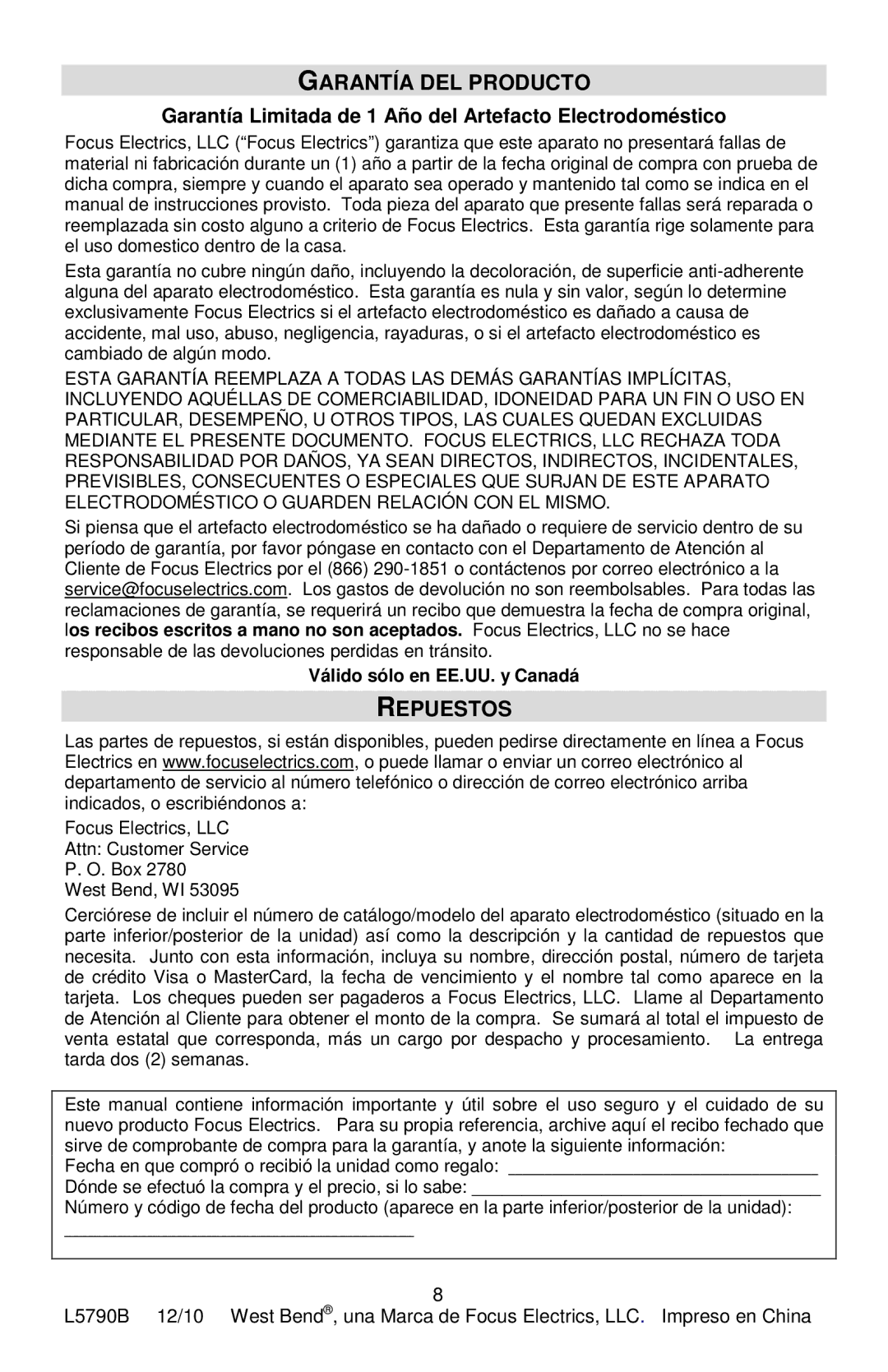 West Bend 6201 Garantía DEL Producto, Repuestos, Garantía Limitada de 1 Año del Artefacto Electrodoméstico 