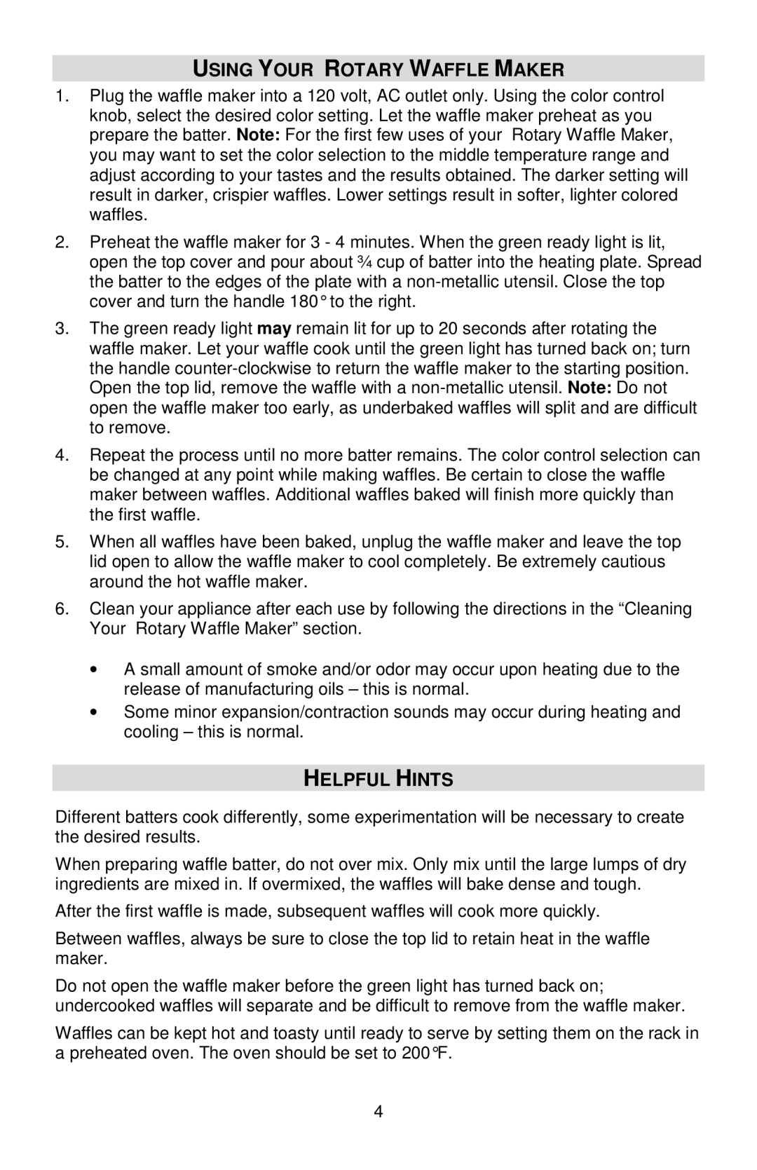 West Bend 6201 instruction manual Using Your Rotary Waffle Maker, Helpful Hints 