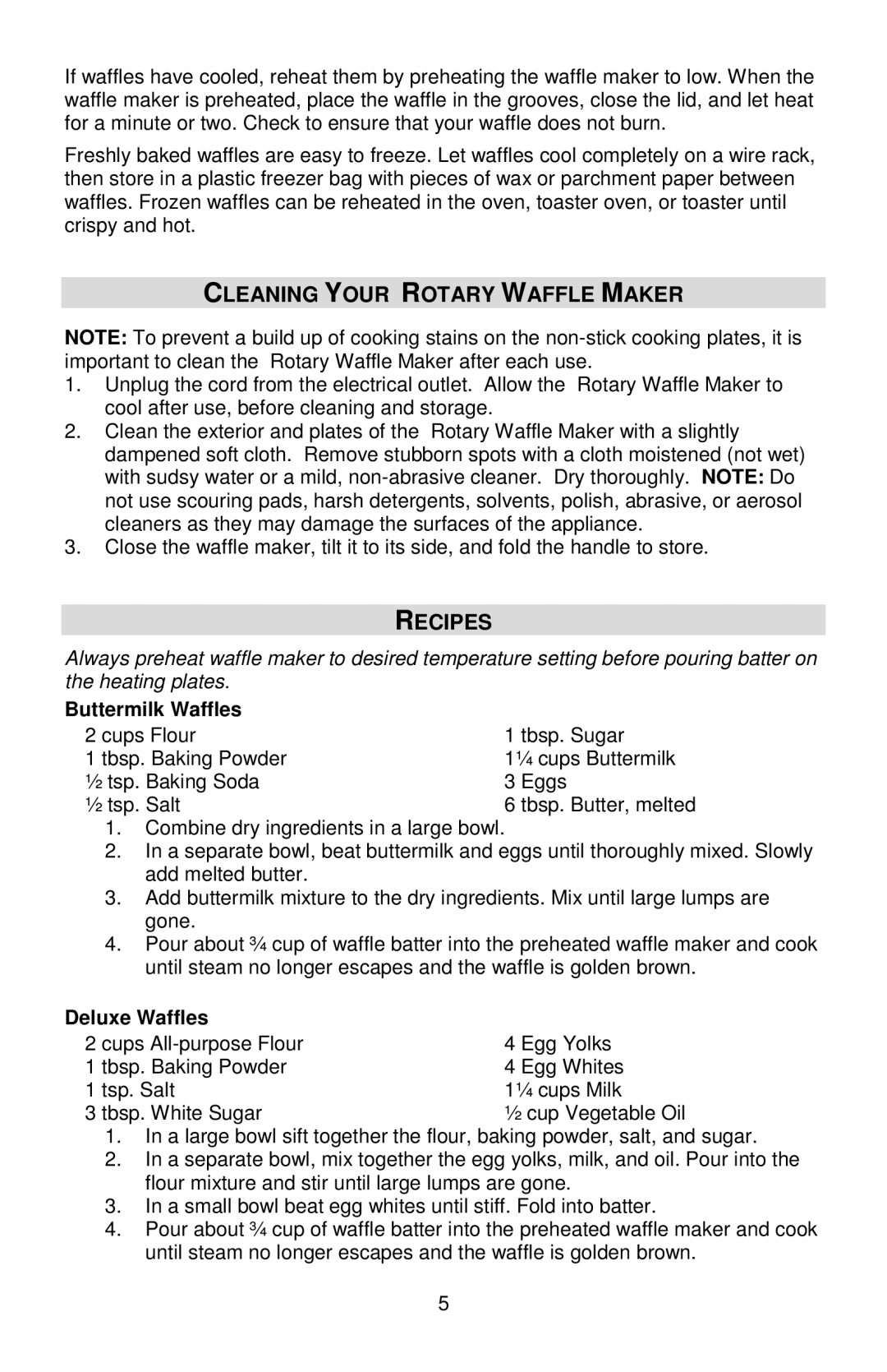 West Bend 6201 instruction manual Cleaning Your Rotary Waffle Maker, Recipes, Buttermilk Waffles, Deluxe Waffles 