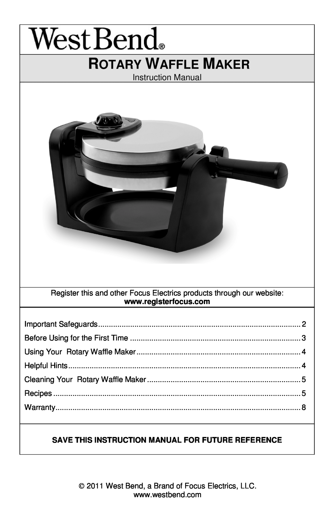 West Bend 6201 instruction manual Rotary Waffle Maker 