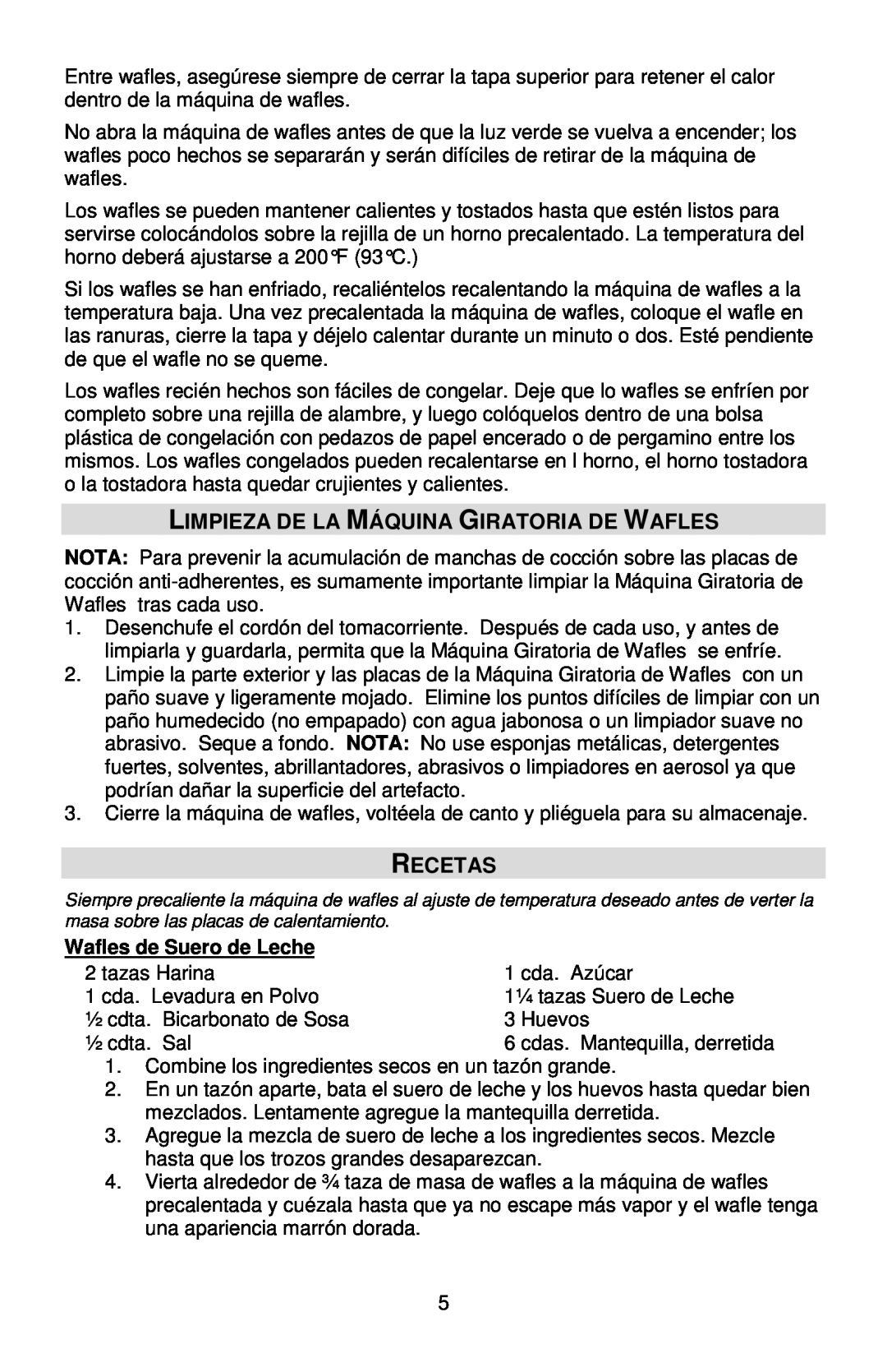 West Bend 6201 instruction manual Limpieza De La Máquina Giratoria De Wafles, Recetas, Wafles de Suero de Leche 