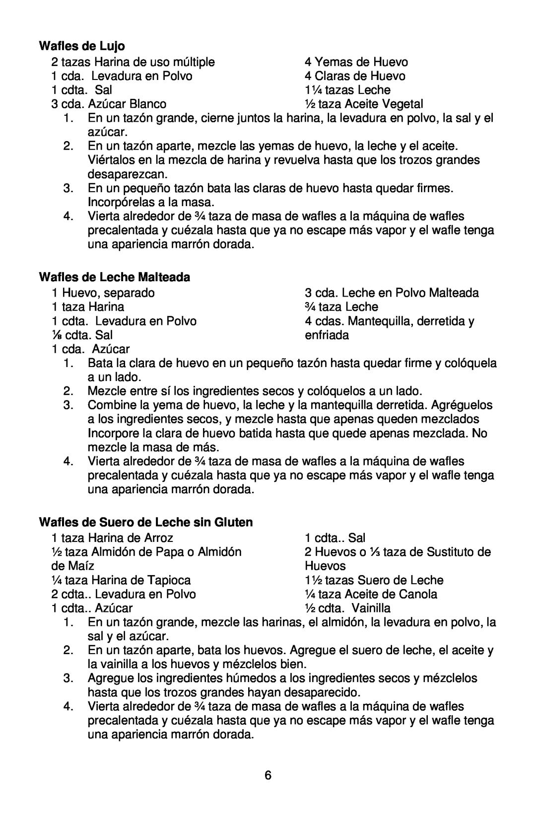 West Bend 6201 instruction manual Wafles de Lujo, Wafles de Leche Malteada, Wafles de Suero de Leche sin Gluten 