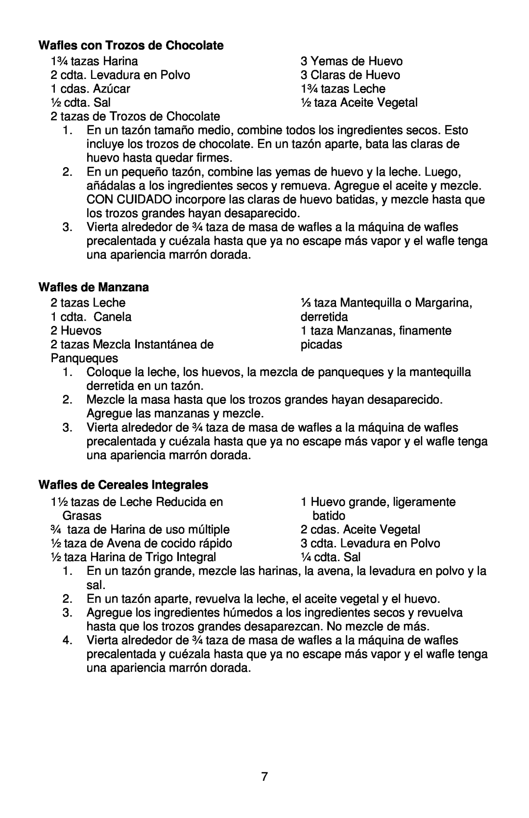 West Bend 6201 instruction manual Wafles con Trozos de Chocolate, Wafles de Manzana, Wafles de Cereales Integrales 