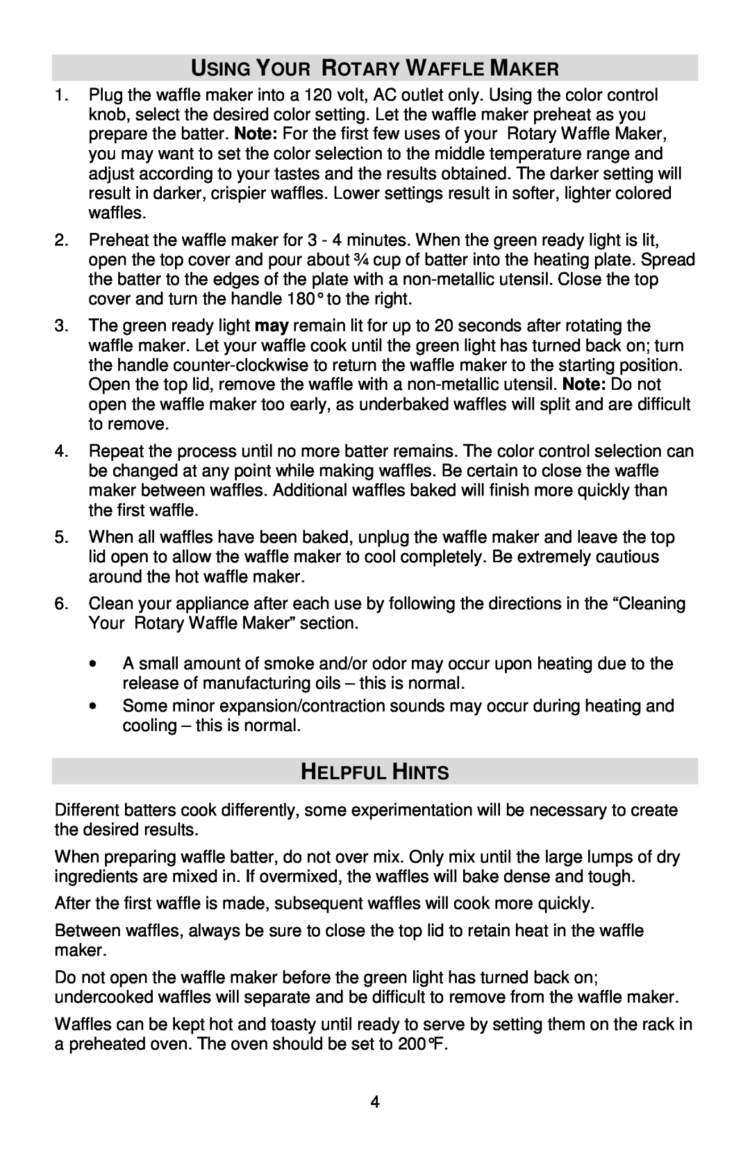 West Bend 6201 instruction manual Using Your Rotary Waffle Maker, Helpful Hints 