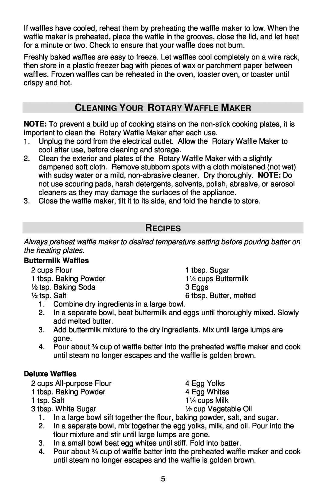 West Bend 6201 instruction manual Cleaning Your Rotary Waffle Maker, Recipes, Buttermilk Waffles, Deluxe Waffles 