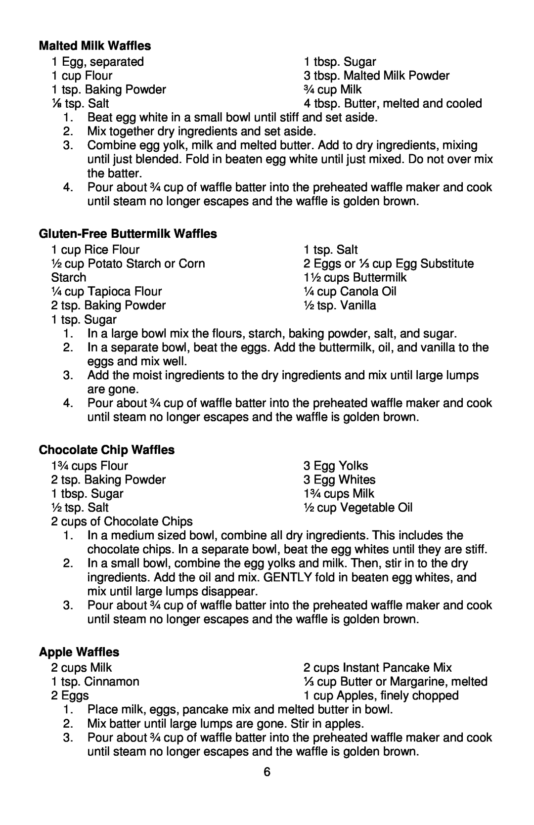 West Bend 6201 instruction manual Malted Milk Waffles, Gluten-FreeButtermilk Waffles, Chocolate Chip Waffles, Apple Waffles 