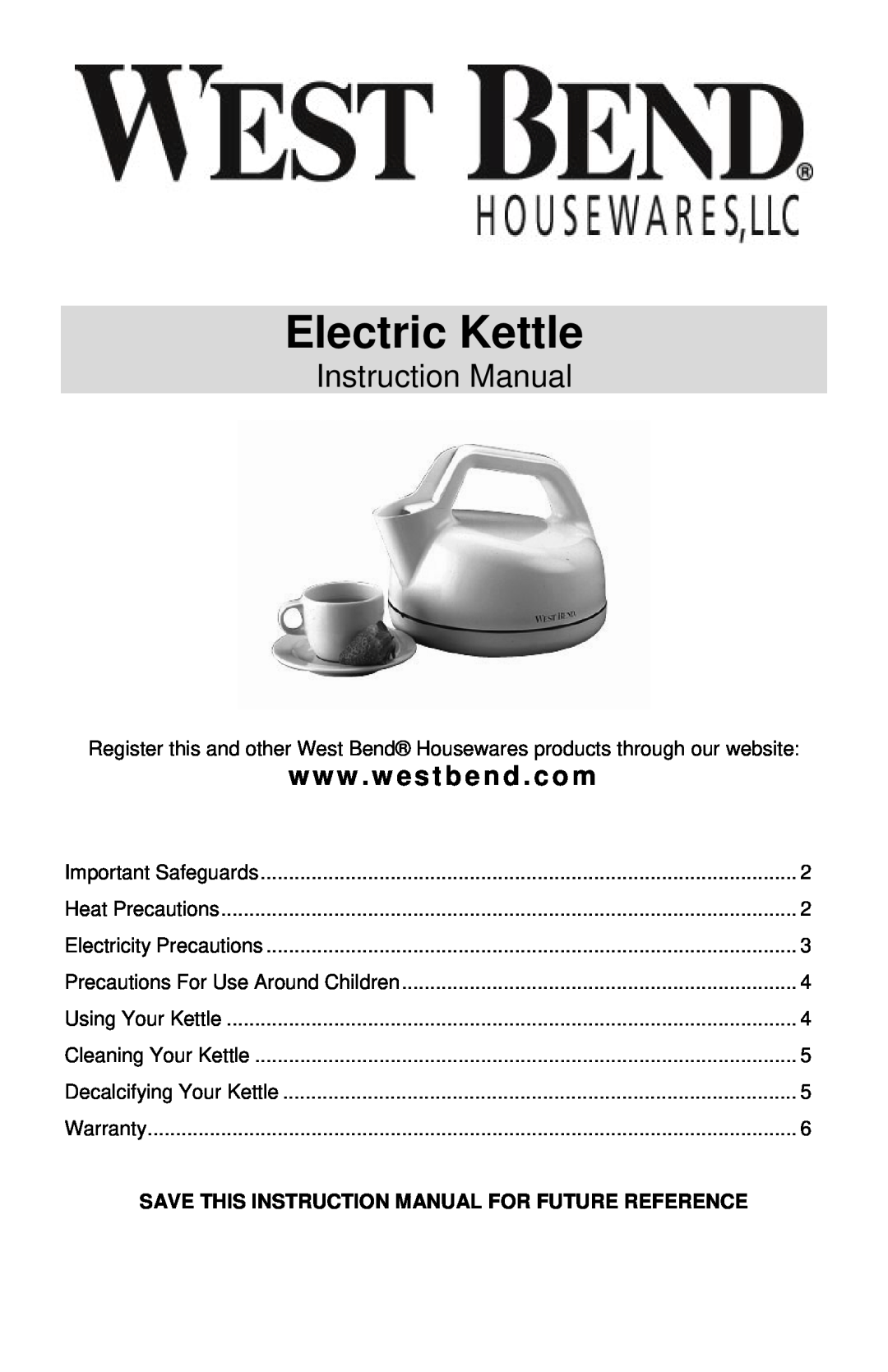 West Bend 6400 instruction manual Electric Kettle, www . westbend . com 