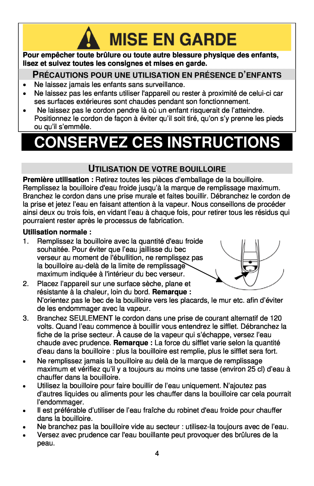 West Bend 6400 instruction manual Conservez Ces Instructions, Utilisation De Votre Bouilloire, Utilisation normale 