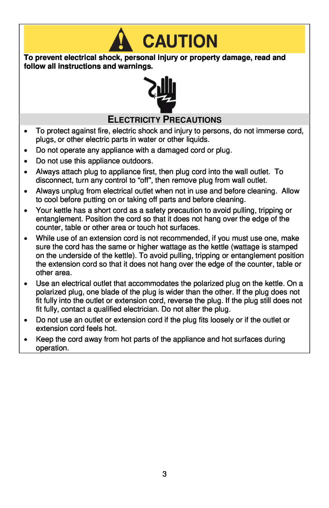 West Bend 6400 instruction manual Electricity Precautions 