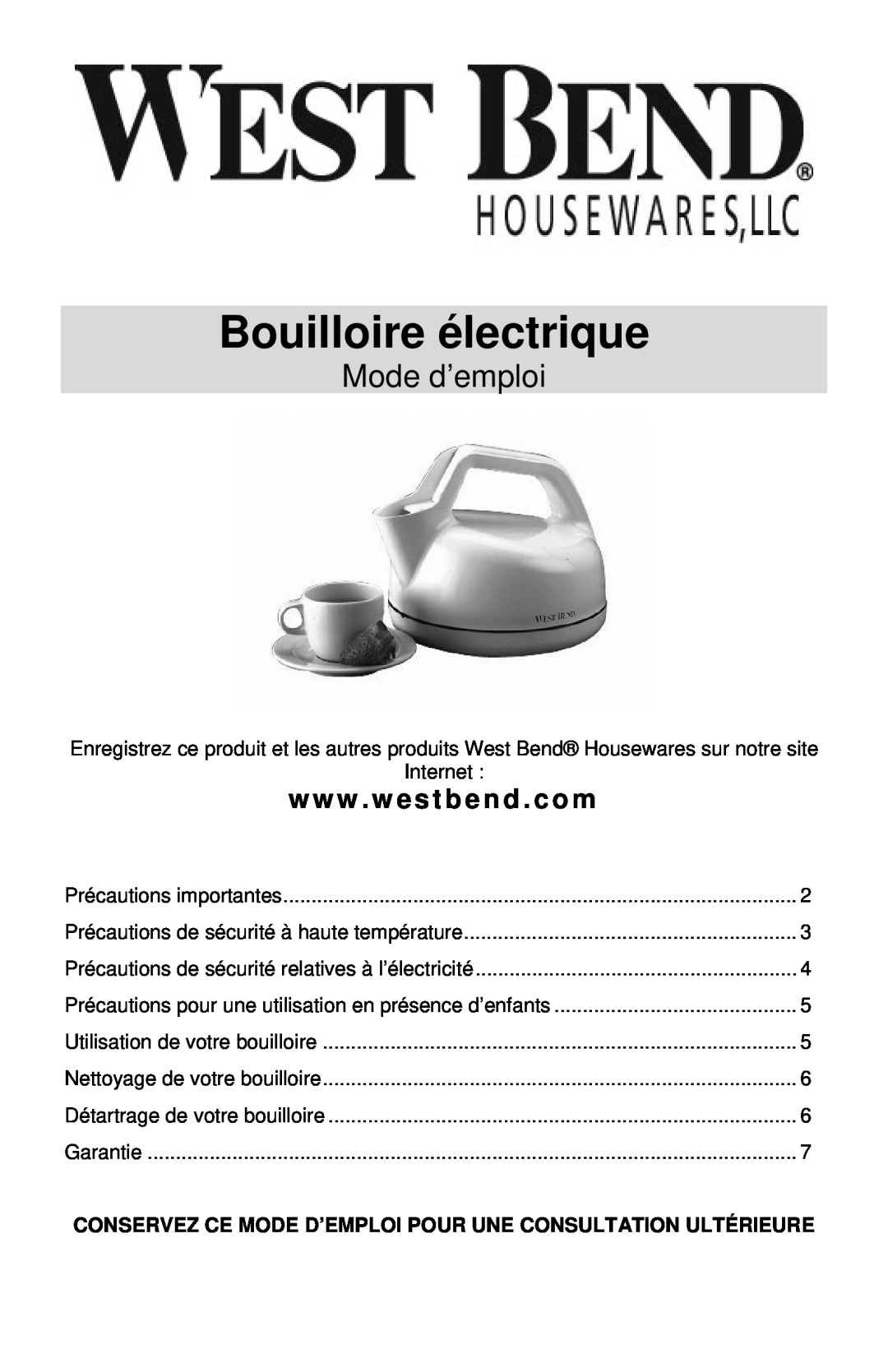 West Bend 6400 instruction manual Bouilloire électrique, Mode d’emploi, www . westbend . com 