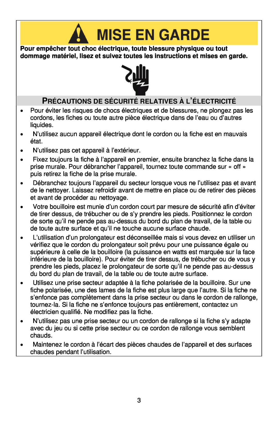 West Bend 6400 instruction manual Précautions De Sécurité Relatives À L’Électricité 